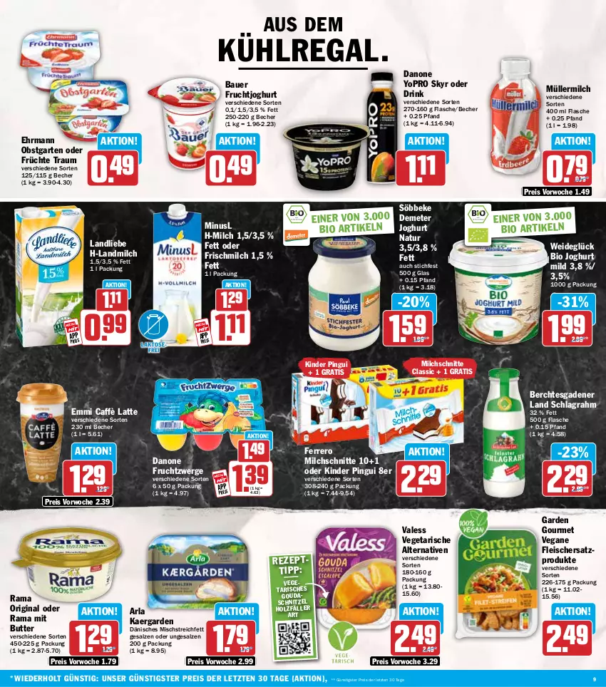 Aktueller Prospekt Hit - Wochenprospekt - von 03.11 bis 08.11.2025 - strona 9 - produkty: arla, auer, aus dem kühlregal, Bau, Bauer, Becher, bio, butter, caffè latte, danone, danone fruchtzwerge, drink, ehrmann, eis, emmi, ferrero, flasche, fleisch, frucht, früchte, fruchtjoghurt, fruchtzwerge, garden gourmet, Garten, gin, gouda, Holz, joghur, joghurt, joghurt mild, Kinder, kinder pingui, kühlregal, landliebe, landmilch, latte, milch, Milchschnitte, Müller, müllermilch, natur, obst, obstgarten, pingui, rama, regal, reis, salz, schlagrahm, schnitzel, Skyr, söbbeke, Ti, Vegane Fleisch, Vegeta, Yo, ZTE