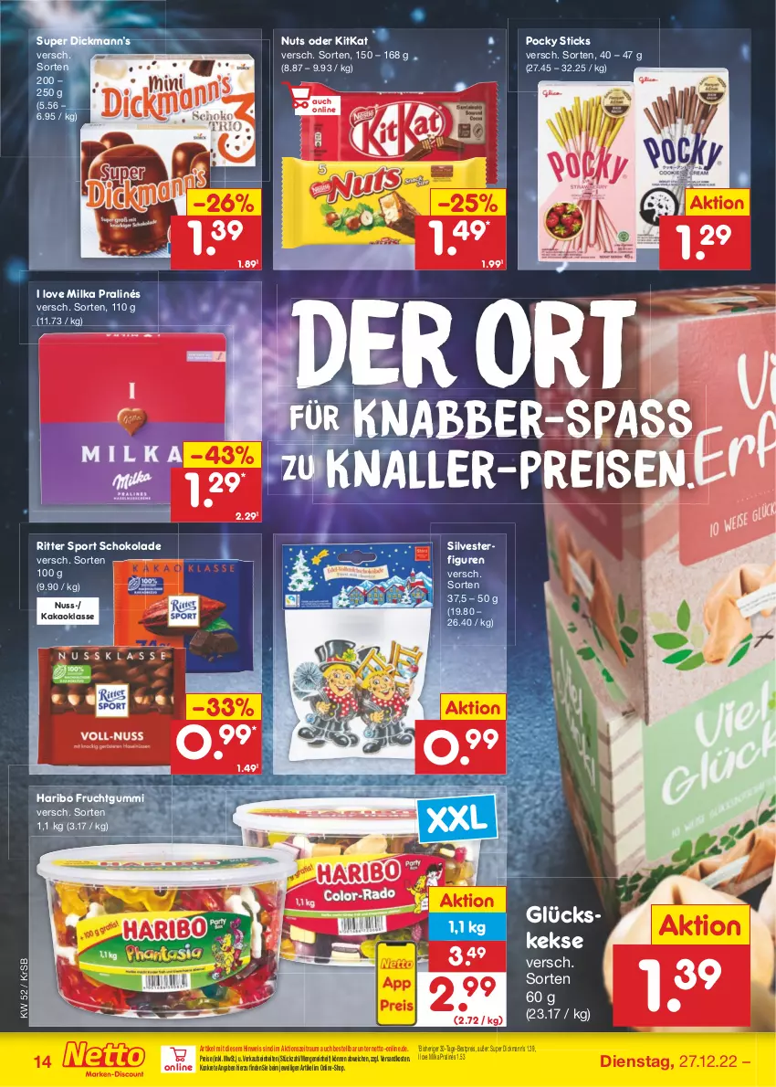 Aktueller Prospekt Netto Marken-Discount - Filial-Angebote - von 27.12 bis 31.12.2022 - strona 14 - produkty: bestpreis, eis, frucht, fruchtgummi, haribo, kakao, keks, kekse, kitkat, milka, ndk, nuss, reis, ritter, ritter sport, schoko, schokolade, Sport, Ti