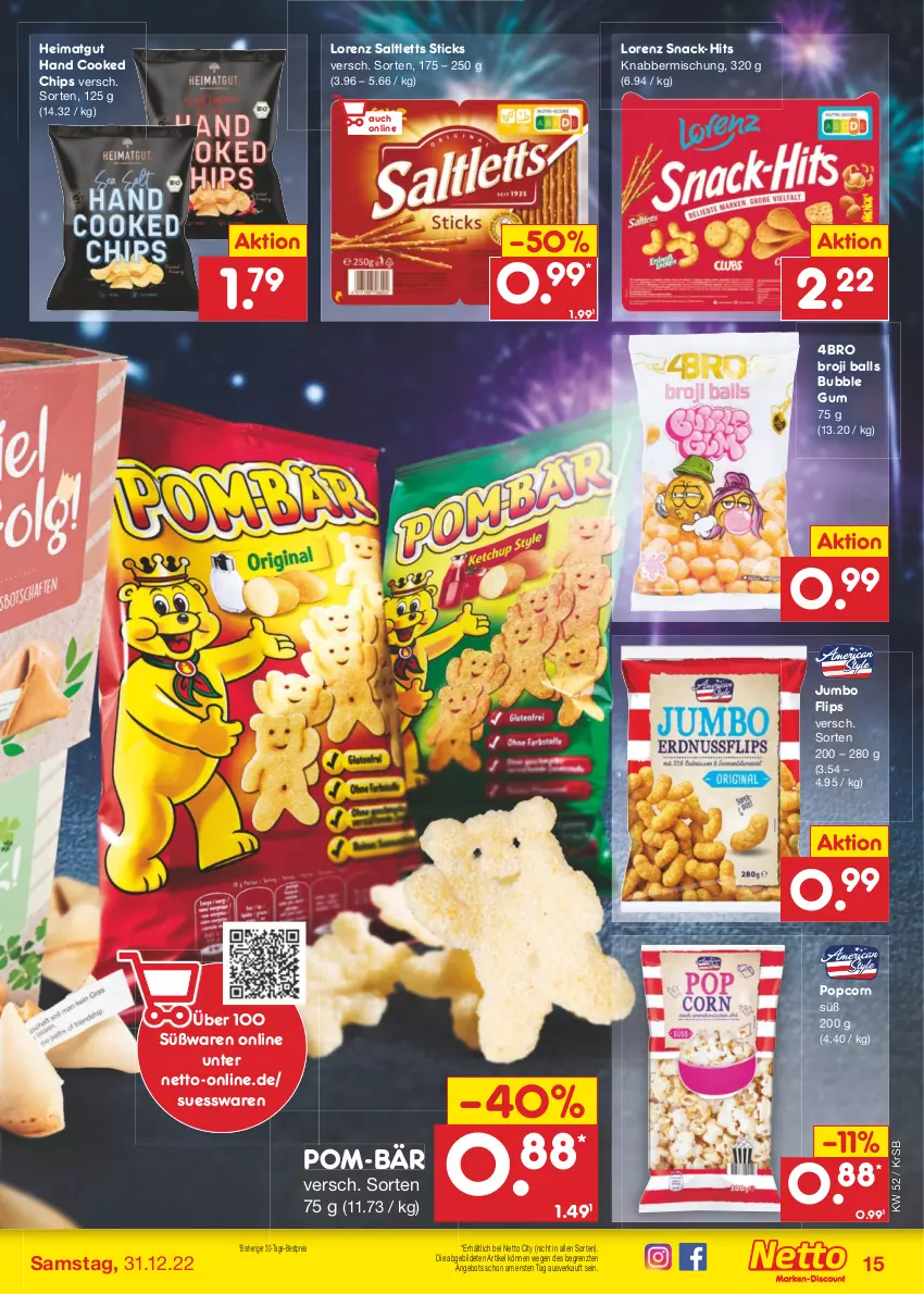 Aktueller Prospekt Netto Marken-Discount - Filial-Angebote - von 27.12 bis 31.12.2022 - strona 15 - produkty: angebot, ball, bestpreis, chips, eis, jumbo, lorenz, pom-bär, popcorn, reis, saltletts, snack, Ti, ZTE