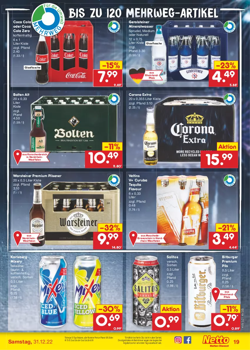 Aktueller Prospekt Netto Marken-Discount - Filial-Angebote - von 27.12 bis 31.12.2022 - strona 19 - produkty: Alwa, angebot, bestpreis, bitburger, burger, cola, corona, corona extra, eis, flasche, gerolsteine, gerolsteiner, glasflasche, karlsberg, karlsberg mixery, mineralwasser, Mixer, mixery, natur, pils, pilsener, premium pils, reis, rel, rwe, Sprudel, steiner, tequila, Ti, veltins, warsteiner, wasser, ZTE