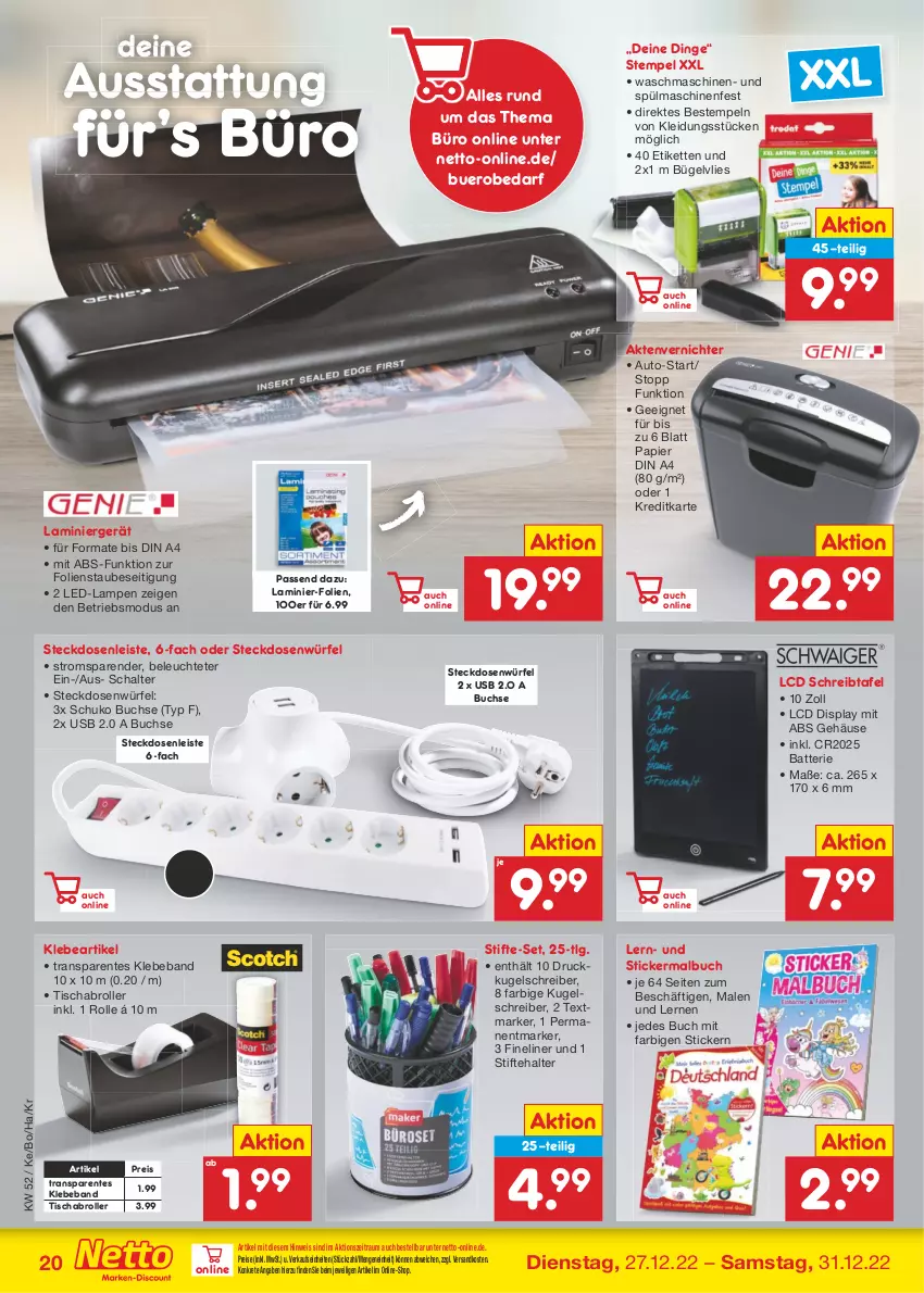 Aktueller Prospekt Netto Marken-Discount - Filial-Angebote - von 27.12 bis 31.12.2022 - strona 20 - produkty: Aktenvernichter, auto, batterie, Beba, buch, bügel, din a4, eis, ente, Fineliner, Kette, kleid, Kleidung, Kugel, kugelschreiber, Lampe, Leuchte, LG, Malbuch, ndk, papier, reis, Roller, Schal, spülmaschinen, steckdose, Steckdosenleiste, stifte, Stiftehalter, textmarker, Ti, tisch, usb, waschmaschine, waschmaschinen, würfel