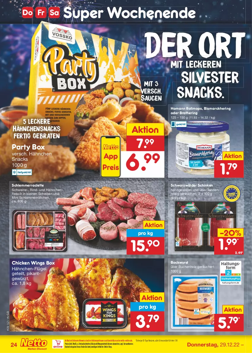 Aktueller Prospekt Netto Marken-Discount - Filial-Angebote - von 27.12 bis 31.12.2022 - strona 24 - produkty: bestpreis, bismarck, bockwurst, braten, buch, chicken wings, eis, fleisch, gewürz, Hähnchenfleisch, hering, Holz, homann, leine, ndk, reis, rind, ring, salz, sauce, saucen, schinken, schwarzwälder schinken, schwein, schweine, snack, snacks, Ti, wein, weine, wurst, ZTE