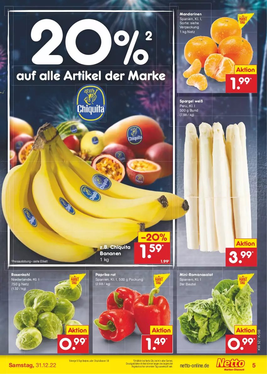 Aktueller Prospekt Netto Marken-Discount - Filial-Angebote - von 27.12 bis 31.12.2022 - strona 5 - produkty: angebot, banane, bananen, bestpreis, beutel, chiquita, eis, mandarine, mandarinen, paprika, paprika rot, reis, Romanasalat, rosen, Rosenkohl, salat, spargel, Ti, ZTE