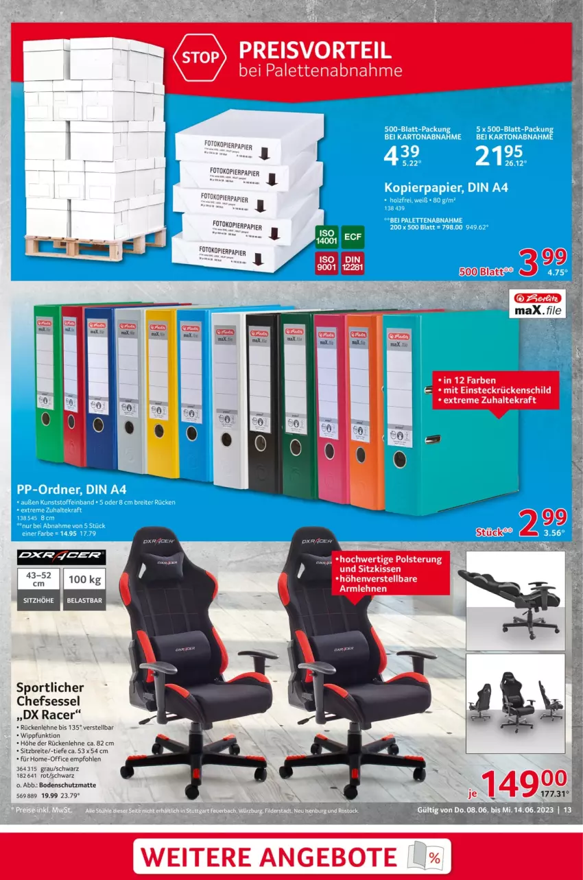 Aktueller Prospekt Selgros - Nonfood - von 08.06 bis 14.06.2023 - strona 13 - produkty: acer, Brei, chefsessel, eis, kissen, kopierpapier, kraft, office, Palette, papier, preisvorteil, reis, rückenlehne, sessel, sitzkissen, Sport, Ti