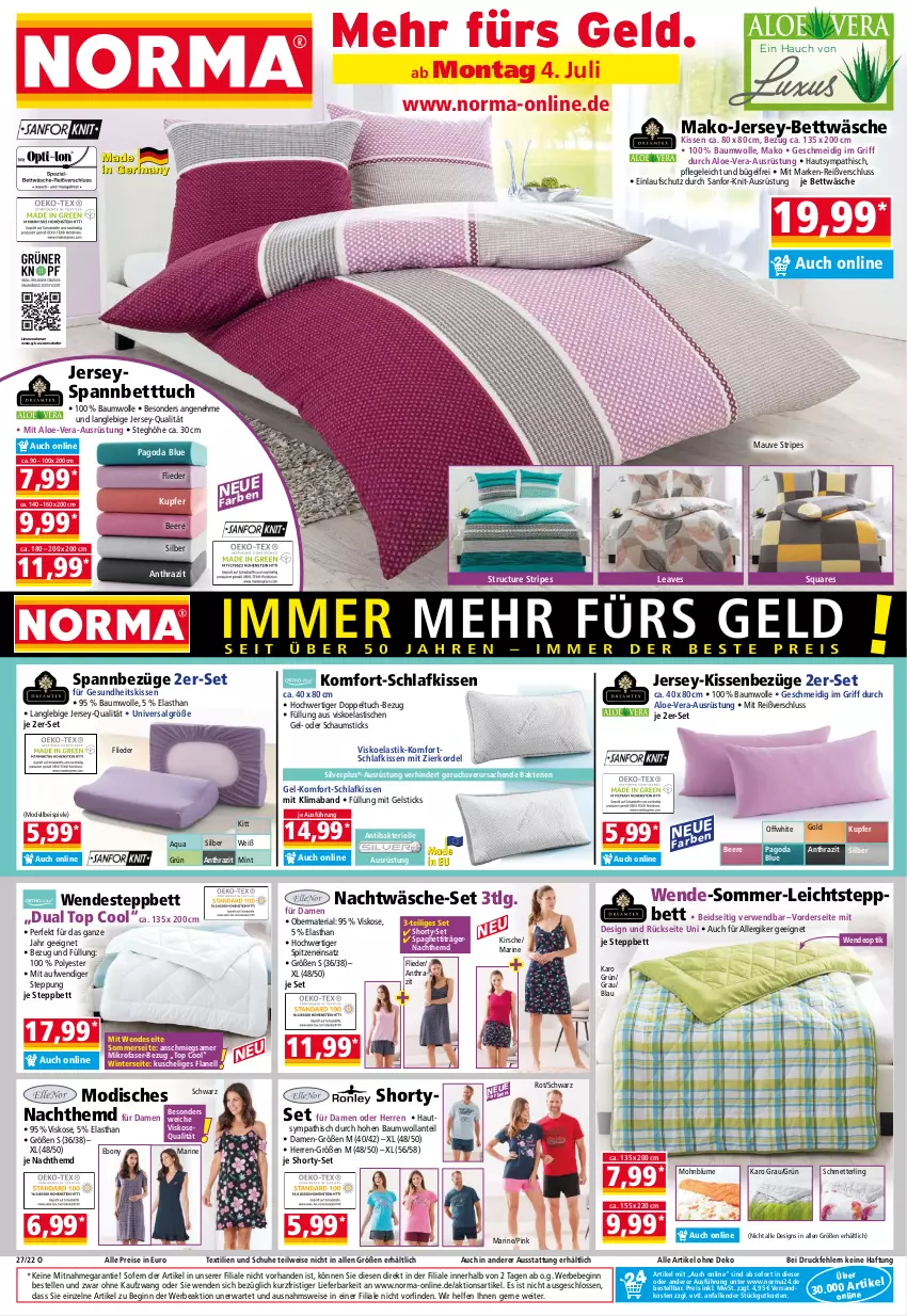 Aktueller Prospekt Norma - Norma - von 04.07 bis 11.07.2022 - strona 1 - produkty: aqua, asti, Bau, baumwolle, Bebe, beere, bett, Betttuch, bettwäsche, blume, bügel, dell, deo, eis, elle, flieder, Gesundheit, gin, hemd, jersey-bettwäsche, kirsch, kirsche, kissen, LG, mab, Mett, mikrofaser, mint, Mode, Nachthemd, ndk, Pago, reis, Ria, rwe, sac, Schmetterling, schuhe, shorty, spaghetti, spannbetttuch, Spiele, steppbett, Ti, tisch, tuc, wolle