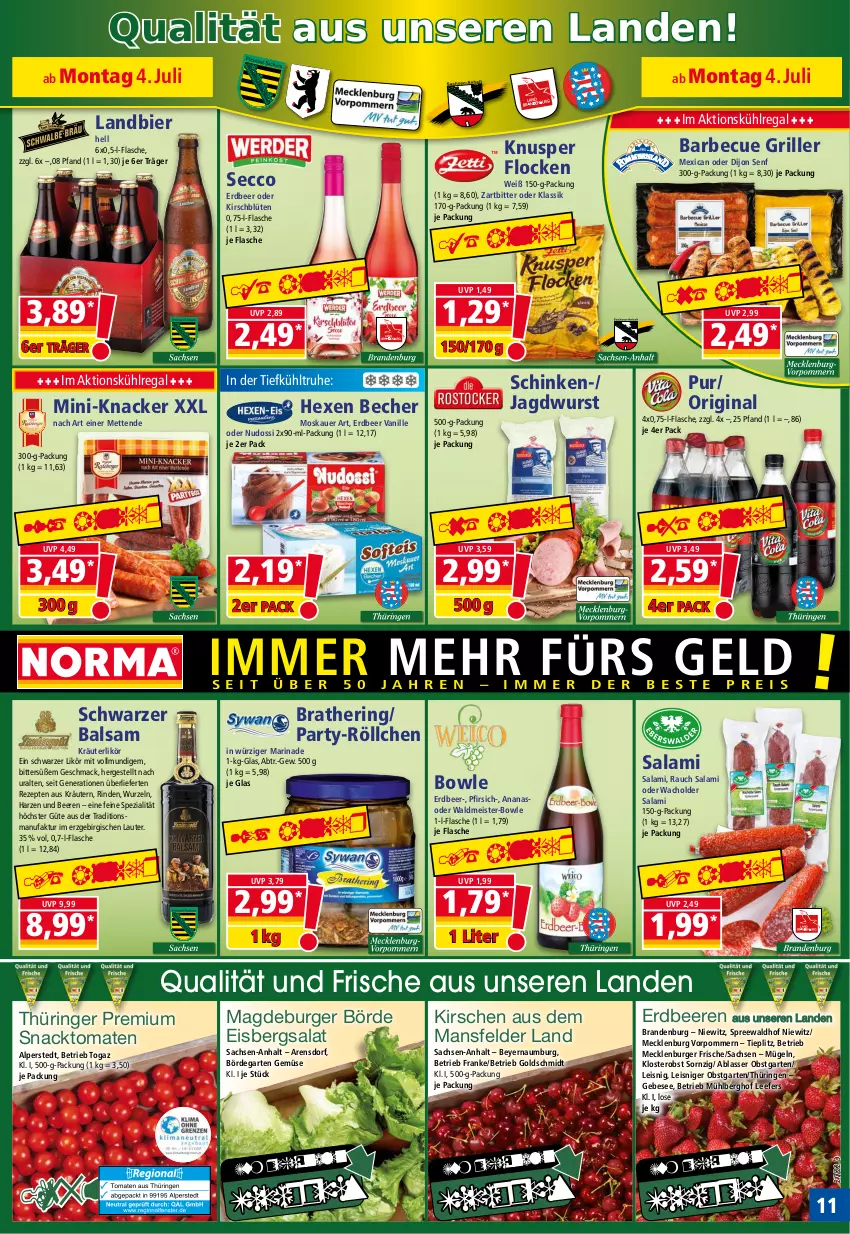 Aktueller Prospekt Norma - Norma - von 04.07 bis 11.07.2022 - strona 11 - produkty: ananas, auer, balsam, barbecue, Becher, beere, beeren, bier, Blüte, bowle, burger, Dijon Senf, ecco, eis, eisbergsalat, erdbeere, erdbeeren, Faktu, flasche, Garten, gin, grill, hering, jagdwurst, kirsch, kirsche, kirschen, knacker, kräuter, kräuterlikör, kräutern, kühlregal, likör, mac, marinade, Meister, Mett, metten, Nudossi, obst, obstgarten, pfirsich, Rauch, regal, reis, rezept, rezepte, rind, ring, sac, salami, salat, schinken, senf, snack, Spezi, spreewaldhof, Ti, tiefpreis, tomate, tomaten, vanille, waldmeister, wurst