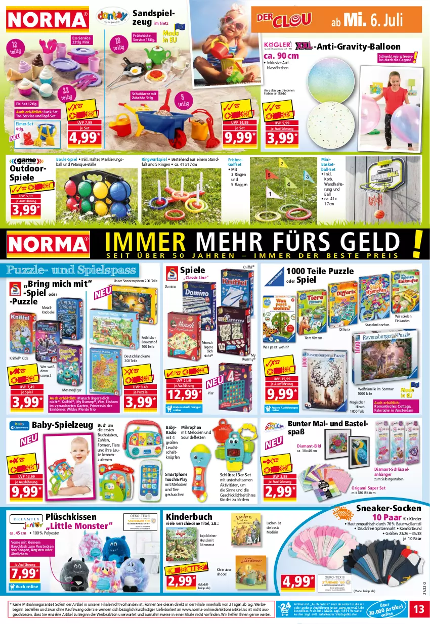 Aktueller Prospekt Norma - Norma - von 04.07 bis 11.07.2022 - strona 13 - produkty: Anhänger, auer, ball, Bau, Bauer, Bebe, buch, dell, eimer, eis, Elan, elle, erde, FrisbeeGolf, Garten, gin, Kinder, Kinderbuch, kissen, korb, leine, LG, Mode, monster, ndk, Plüsch, Puzzle, Radio, reis, rel, ring, rum, Sandspielzeug, Schal, smartphone, sneaker, socken, Spiele, spielzeug, tee, Ti, Tiere, tisch, topf, topf-set, wandhalterung, Wild