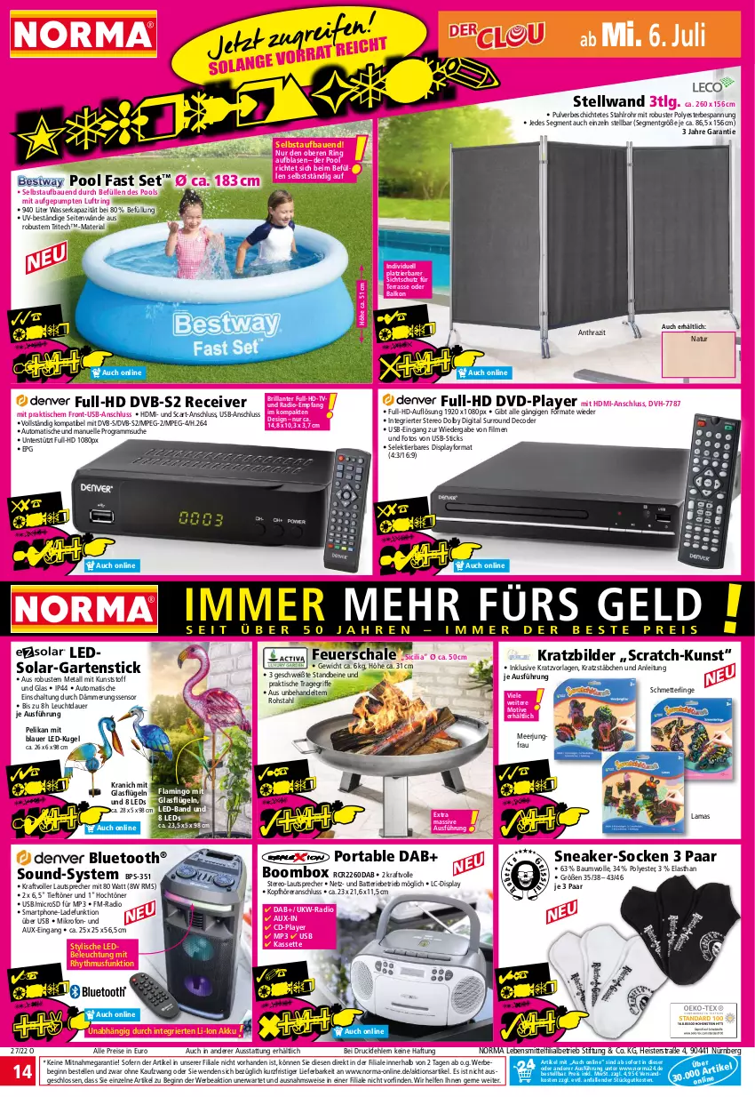 Aktueller Prospekt Norma - Norma - von 04.07 bis 11.07.2022 - strona 14 - produkty: akku, auer, auto, batterie, Bau, baumwolle, Bebe, beleuchtung, dvb, dvb-s2, dvd, eis, elle, feuerschale, Garten, gin, HDMI, Jungfrau, kopfhörer, kraft, Kugel, lautsprecher, lebensmittel, leds, LG, Mett, microsd, Mp3, natur, ndk, pelikan, pool, Radio, Receiver, reis, Ria, ring, Schal, Schale, Schmetterling, smartphone, sneaker, socken, Ti, tisch, tragegriff, usb, wasser, wolle