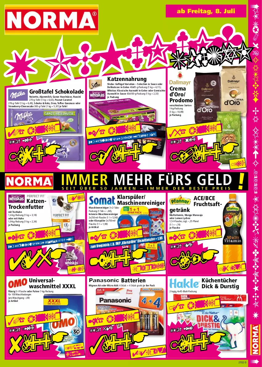 Aktueller Prospekt Norma - Norma - von 04.07 bis 11.07.2022 - strona 15 - produkty: alpenmilch, Alwa, batterie, batterien, caramel, cheesecake, flasche, frucht, fruchtsaft, ganze haselnüsse, Geflügel, gelee, getränk, katzennahrung, Katzentrockenfutter, keks, klarspüler, küche, Küchen, küchentücher, mango, maracuja, maschinenreiniger, milch, nuss, oreo, prodomo, reiniger, Ria, saft, sauce, schoko, schokolade, sheba, Ti, trockenfutter, truthahn, tücher, vita, waschmittel, whiskas