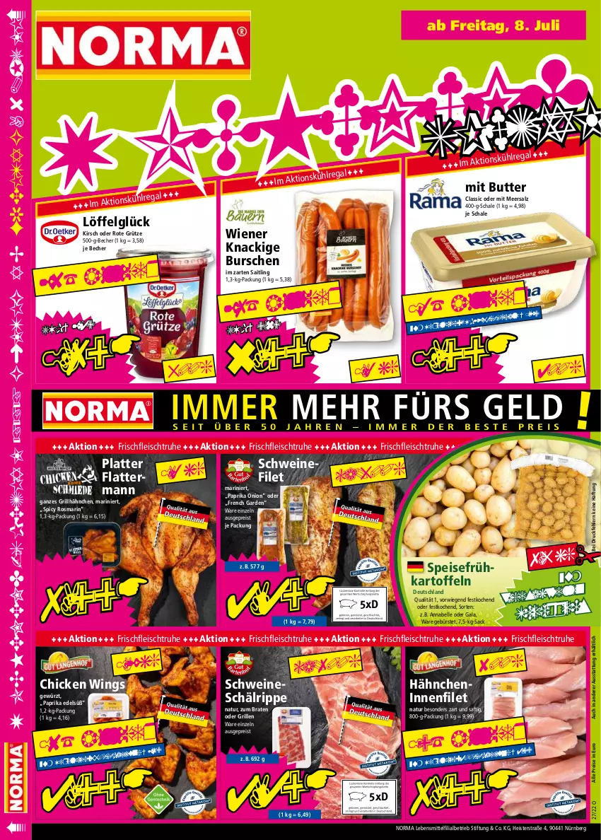 Aktueller Prospekt Norma - Norma - von 04.07 bis 11.07.2022 - strona 16 - produkty: Becher, braten, bürste, butter, chicken wings, eis, elle, filet, fleisch, Frühkartoffeln, gewürz, grill, grillhähnchen, grütze, im zarten saitling, kartoffel, kartoffeln, kirsch, latte, lebensmittel, LG, Löffel, meersalz, natur, paprika, regal, reis, rosmarin, Rote Grütze, sac, saft, salz, Schal, Schale, schwein, schweine, schweinefilet, speisefrühkartoffeln, Ti, tiefpreis, wein, weine, wiener