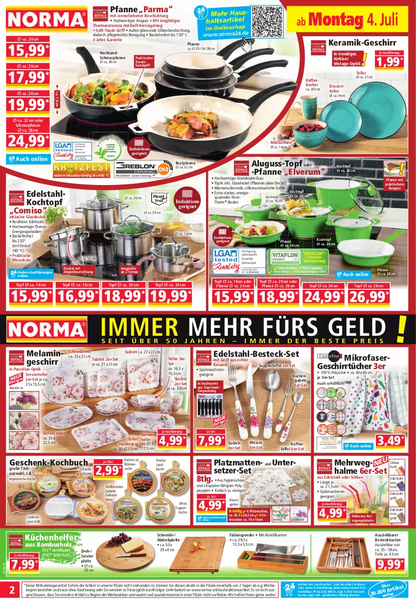 Aktueller Prospekt Norma - Norma - von 04.07 bis 11.07.2022 - strona 2 - produkty: amica, backofen, bambus, Bebe, Becher, besteck, besteck-set, bratpfanne, Brei, buch, bürste, creme, decke, Deckel, dessert, Dessertteller, edelstahl, Edelstahl-Besteck, eier, eis, elle, gabel, Garten, geschirr, geschirrtücher, gin, Glasdeckel, grill, Holz, kaffee, kaffeebecher, Kochtopf, küche, Küchen, kuchen, Küchenhelfer, landküche, latte, lavendel, LG, Löffel, Mantel, messer, Mett, mikrofaser, müsli, Müslischale, ndk, Ofen, pfanne, pfannen, Reinigung, reinigungsbürste, reis, rosen, rum, rwe, sac, Schal, Schale, Schmetterling, schmorpfanne, spülmaschinen, suppe, suppen, tablet, tablett, teller, Ti, tisch, topf, tücher, Untersetzer, Vegeta, vita