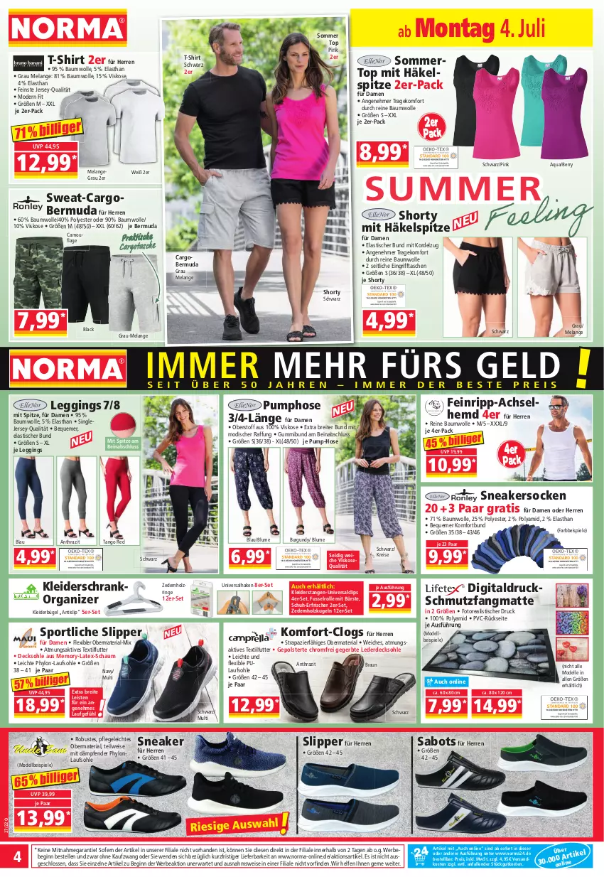 Aktueller Prospekt Norma - Norma - von 04.07 bis 11.07.2022 - strona 4 - produkty: achselhemd, aqua, asti, Bau, baumwolle, Bebe, bermuda, blume, braun, Brei, bügel, bürste, Clogs, decksohle, dell, eis, Elan, elle, erde, gin, hemd, Holz, hose, Hylo, kleid, kleider, kleiderbügel, kleiderschrank, Kugel, lack, leggings, Mode, ndk, reine baumwolle, reis, Ria, ring, Sabots, schmutzfangmatte, Schrank, shirt, shorty, slip, Slipper, sneaker, sneakersocken, socken, Spiele, Sport, T-Shirt, Tasche, taschen, Ti, tisch, wolle