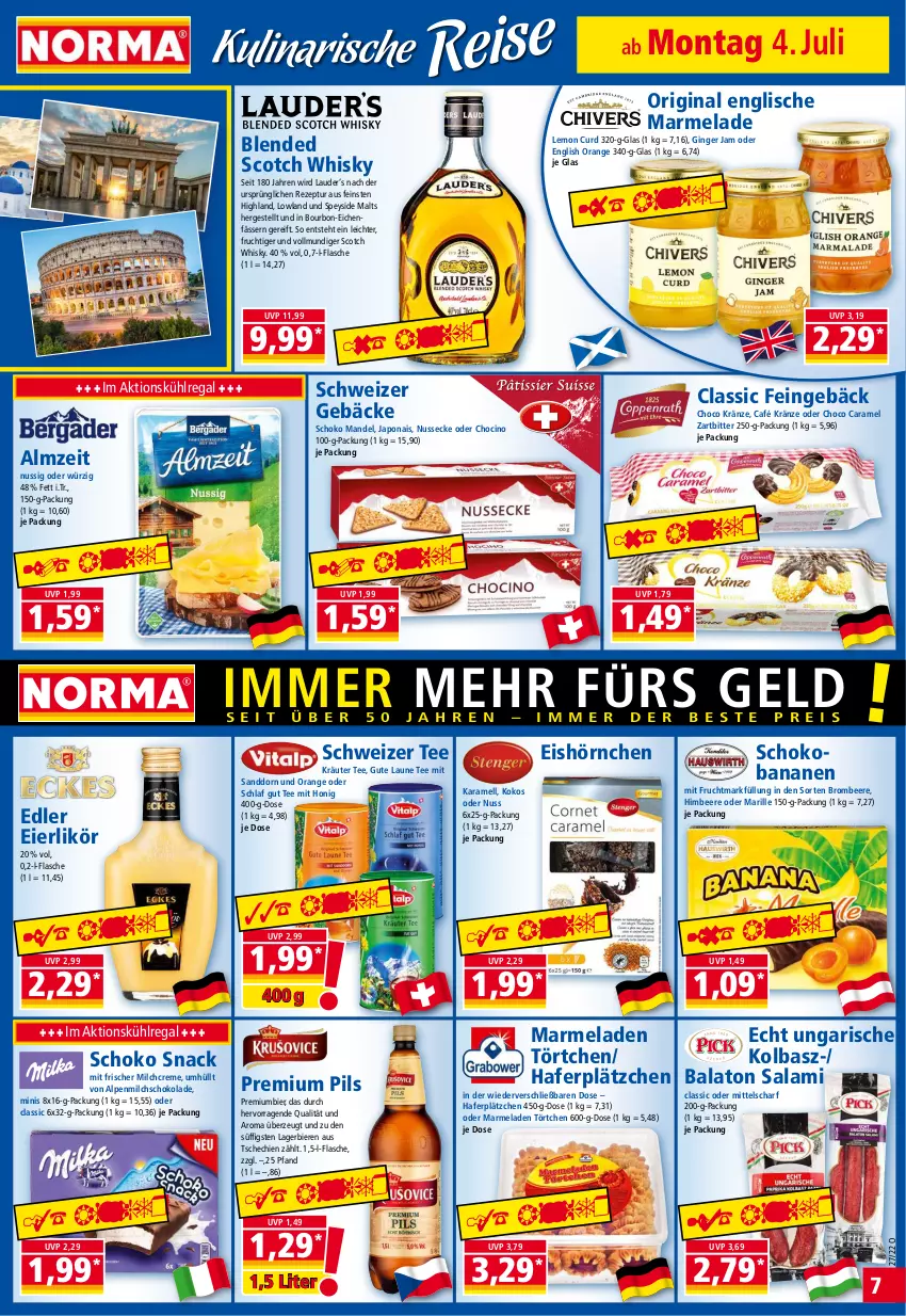 Aktueller Prospekt Norma - Norma - von 04.07 bis 11.07.2022 - strona 7 - produkty: alpenmilch, Balaton, banane, bananen, beere, bier, Biere, blended scotch, blended scotch whisky, bourbon, brombeere, caramel, cin, creme, eier, eierlikör, eis, flasche, frucht, Fruchtmark, gin, ginger, hafer, himbeer, himbeere, honig, hörnchen, karamell, kokos, kräuter, kühlregal, Lagerbier, Lätzche, likör, mandel, marmelade, milch, mit frucht, nuss, orange, pils, premium pils, Premiumbier, regal, rezept, salami, sanddorn, schoko, Schokobananen, schokolade, scotch, scotch whisky, snack, tee, Ti, Törtchen, whisky