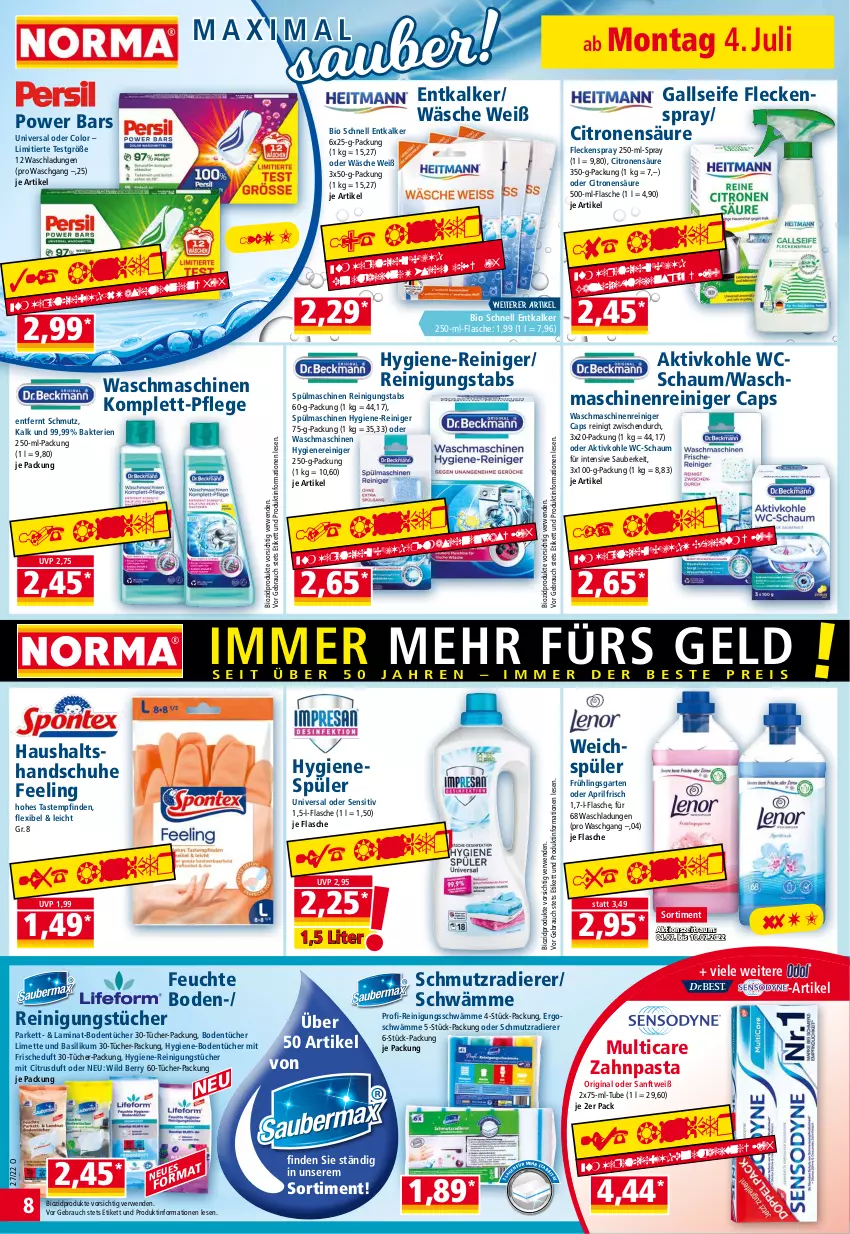 Aktueller Prospekt Norma - Norma - von 04.07 bis 11.07.2022 - strona 8 - produkty: basilikum, bio, biozidprodukte, Bodentücher, Cap, citrus, entkalker, flasche, Garten, gin, handschuhe, hygiene-reiniger, hygienespüler, laminat, limette, maschinenreiniger, Mett, pasta, pril, Rauch, reiniger, Reinigung, reinigungstücher, rwe, schuhe, Seife, spülmaschinen, Ti, tücher, waschmaschine, waschmaschinen, weichspüler, Wild, wild berry, zahnpasta