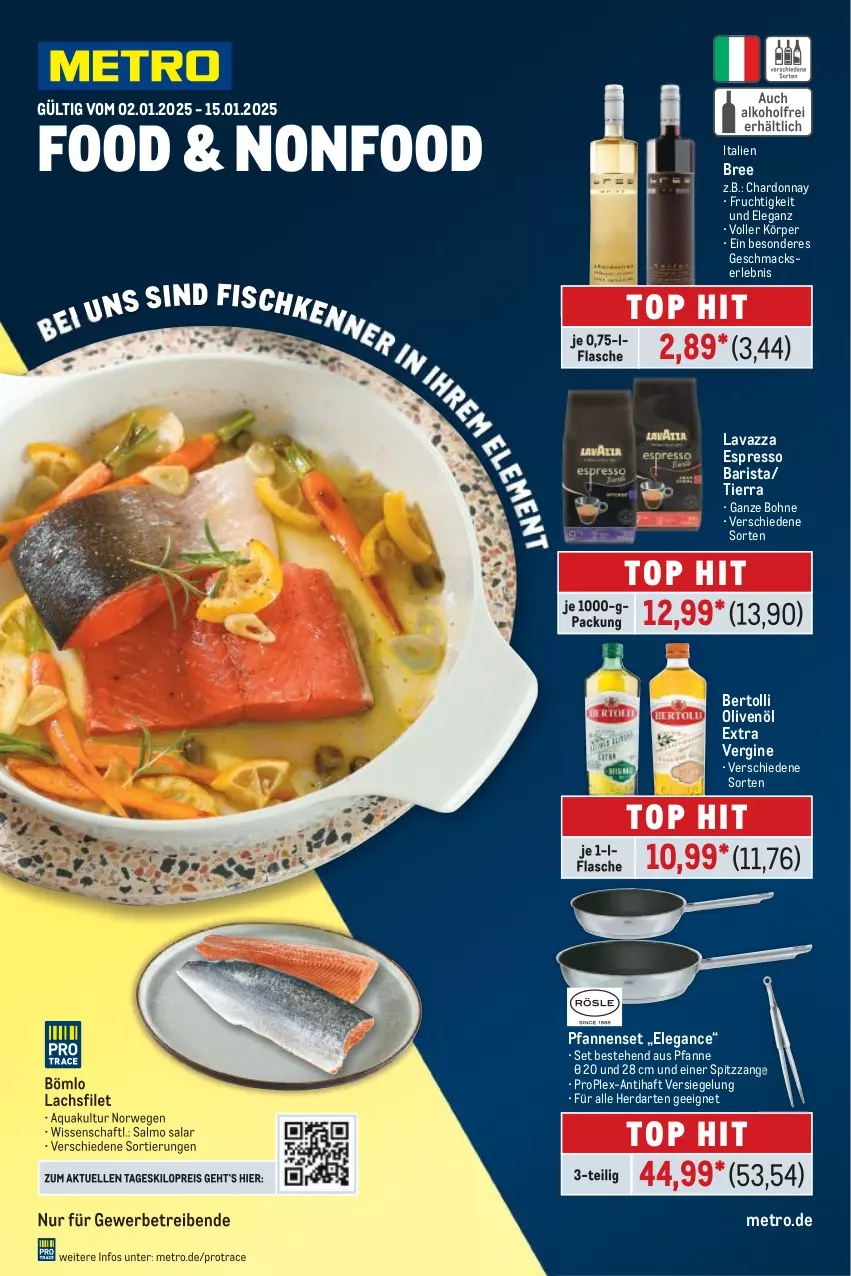 Aktueller Prospekt Metro - Food-Nonfood - von 02.01 bis 15.01.2025 - strona 1 - produkty: aqua, bertolli, bohne, bree, chardonnay, eis, elle, espresso, filet, fisch, flasche, frucht, gin, herdarten, lachs, lachsfilet, lavazza, mac, Metro, olive, oliven, olivenöl, olivenöl extra, pfanne, pfannen, reis, rwe, Ti