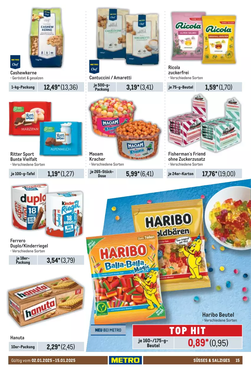 Aktueller Prospekt Metro - Food-Nonfood - von 02.01 bis 15.01.2025 - strona 15 - produkty: beutel, cantuccini, Cashew, cashewkerne, cin, cola, duplo, ferrero, hanuta, haribo, Kinder, kracher, maoam, Ricola, riegel, ritter, ritter sport, salz, Sport, Ti, tuc, zucker