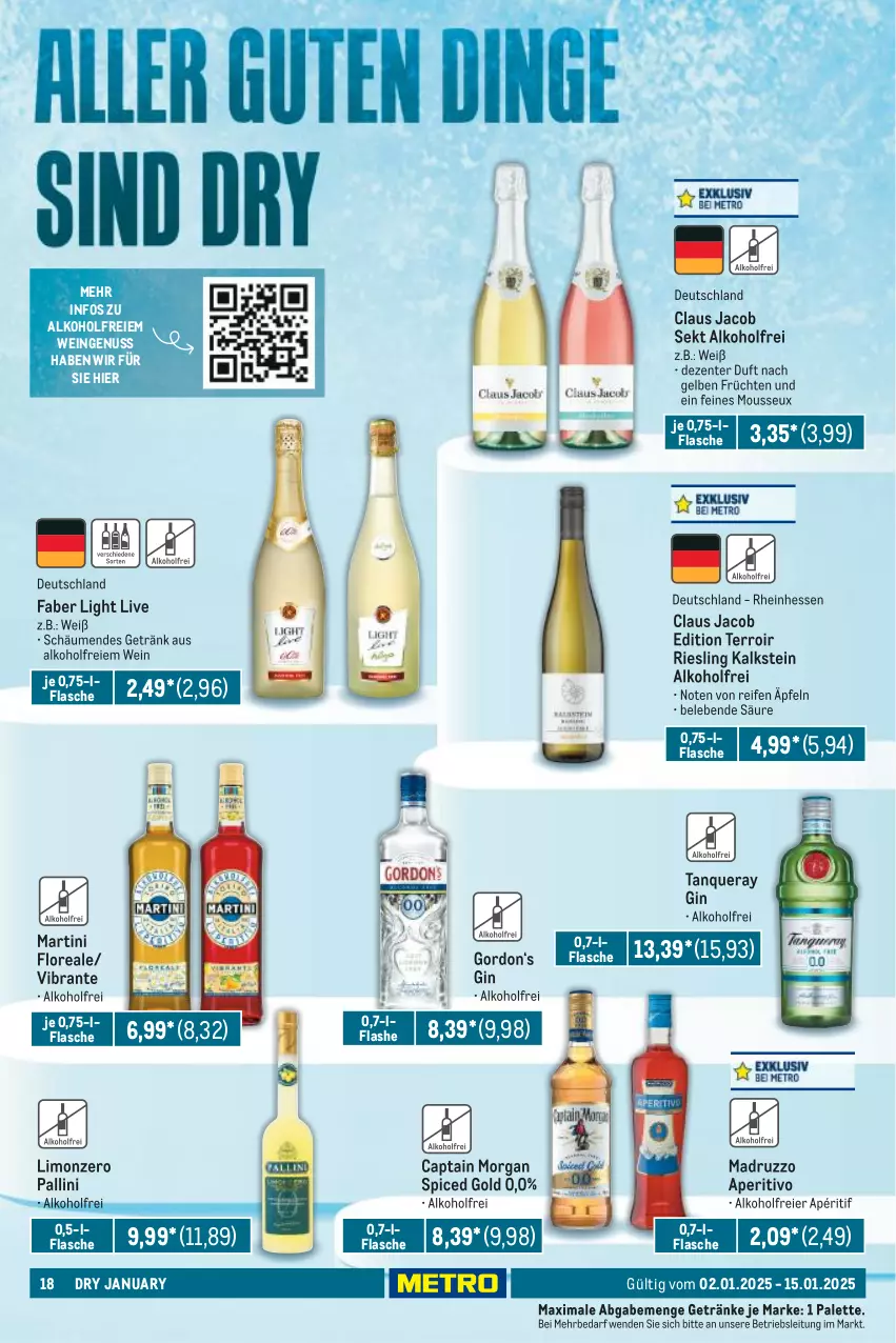 Aktueller Prospekt Metro - Food-Nonfood - von 02.01 bis 15.01.2025 - strona 18 - produkty: alkohol, Cap, captain morgan, eier, ente, flasche, früchte, früchten, getränk, getränke, gin, gordon, limo, loreal, martini, mousse, nuss, Palette, reifen, riesling, sekt, Tanqueray, Ti, wein