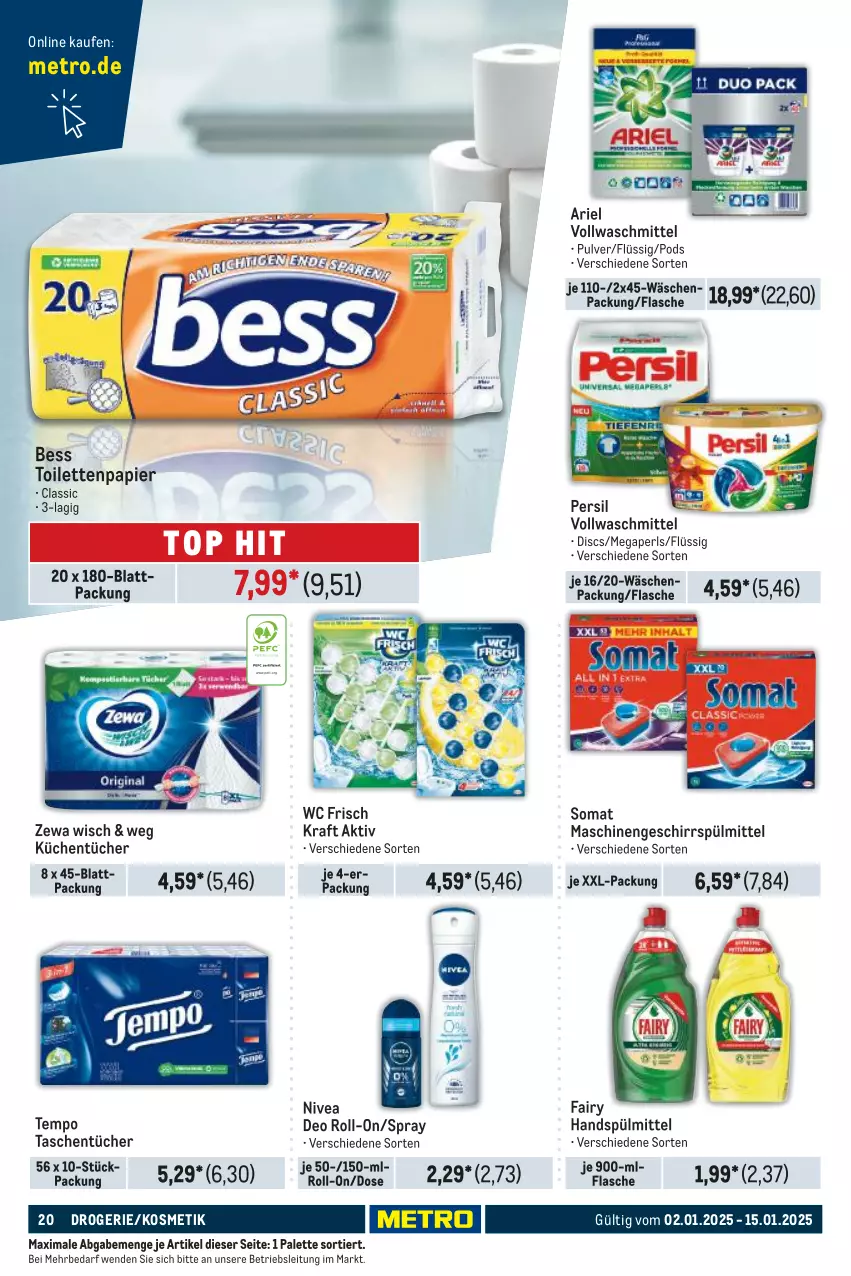 Aktueller Prospekt Metro - Food-Nonfood - von 02.01 bis 15.01.2025 - strona 20 - produkty: ariel, deo, deo roll-on, fairy, flasche, geschirr, geschirrspülmittel, kosmetik, kraft, küche, Küchen, küchentücher, megaperls, Metro, nivea, Palette, papier, persil, Pods, roll-on, somat, spülmittel, Tasche, taschen, taschentücher, Tempo, Ti, toilettenpapier, tücher, vollwaschmittel, waschmittel, wc frisch, WC Frisch Kraft Aktiv, xxl-packung, zewa