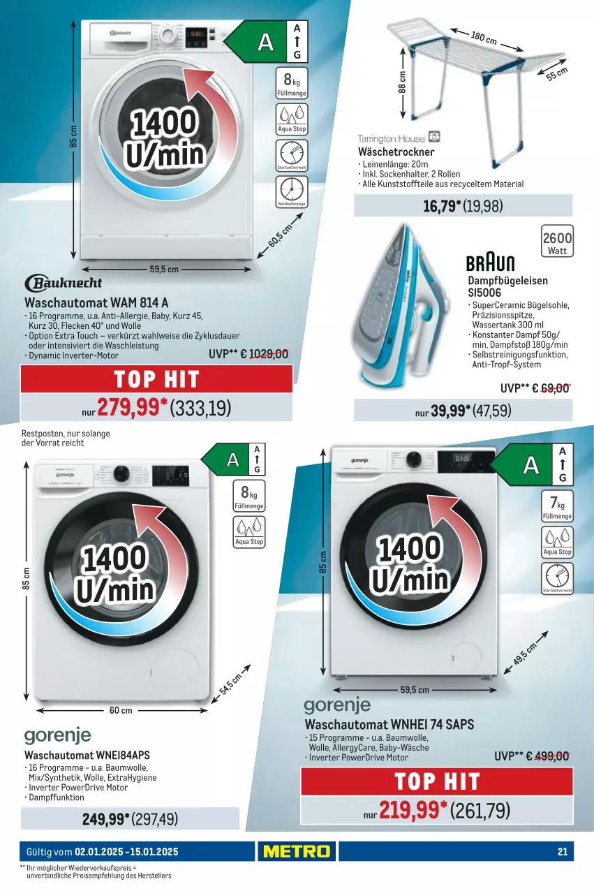 Aktueller Prospekt Metro - Food-Nonfood - von 02.01 bis 15.01.2025 - strona 21 - produkty: auer, auto, Bau, baumwolle, bügel, Bügeleisen, dampfbügeleisen, eis, elle, leine, Reinigung, reis, Ria, socken, teller, Ti, Trockner, wäschetrockner, wasser, wassertank, wolle