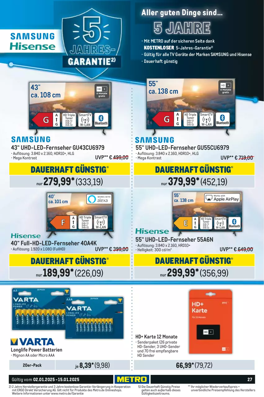 Aktueller Prospekt Metro - Food-Nonfood - von 02.01 bis 15.01.2025 - strona 27 - produkty: auer, batterie, batterien, eis, elle, fernseher, hisense, LG, longlife, Metro, reis, Samsung, teller, Ti, uhd