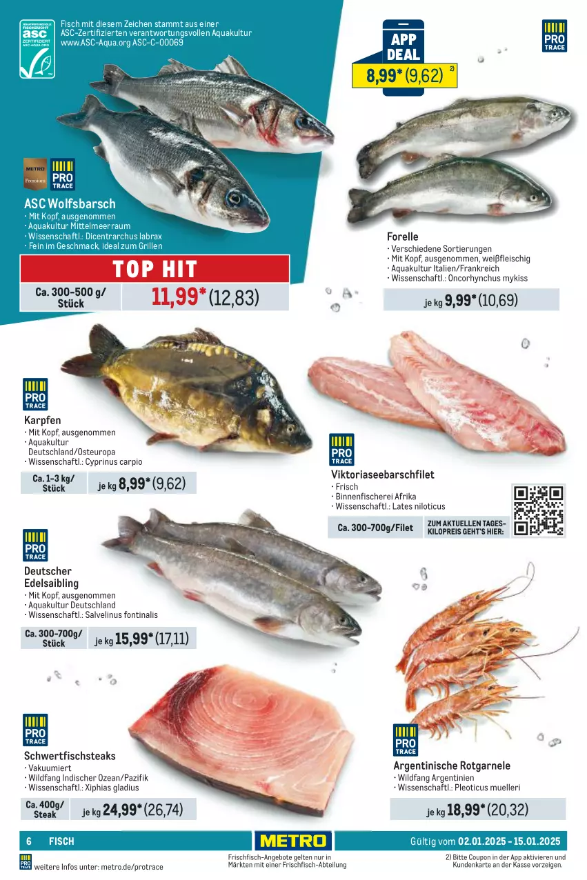 Aktueller Prospekt Metro - Food-Nonfood - von 02.01 bis 15.01.2025 - strona 6 - produkty: Abtei, angebot, angebote, aqua, coupon, eis, elle, filet, fisch, fische, Fischer, fleisch, forelle, frischfisch, grill, ideal zum grillen, mac, Metro, reis, rel, Ria, Saibling, Schere, steak, steaks, Ti, Wild, wolfsbarsch