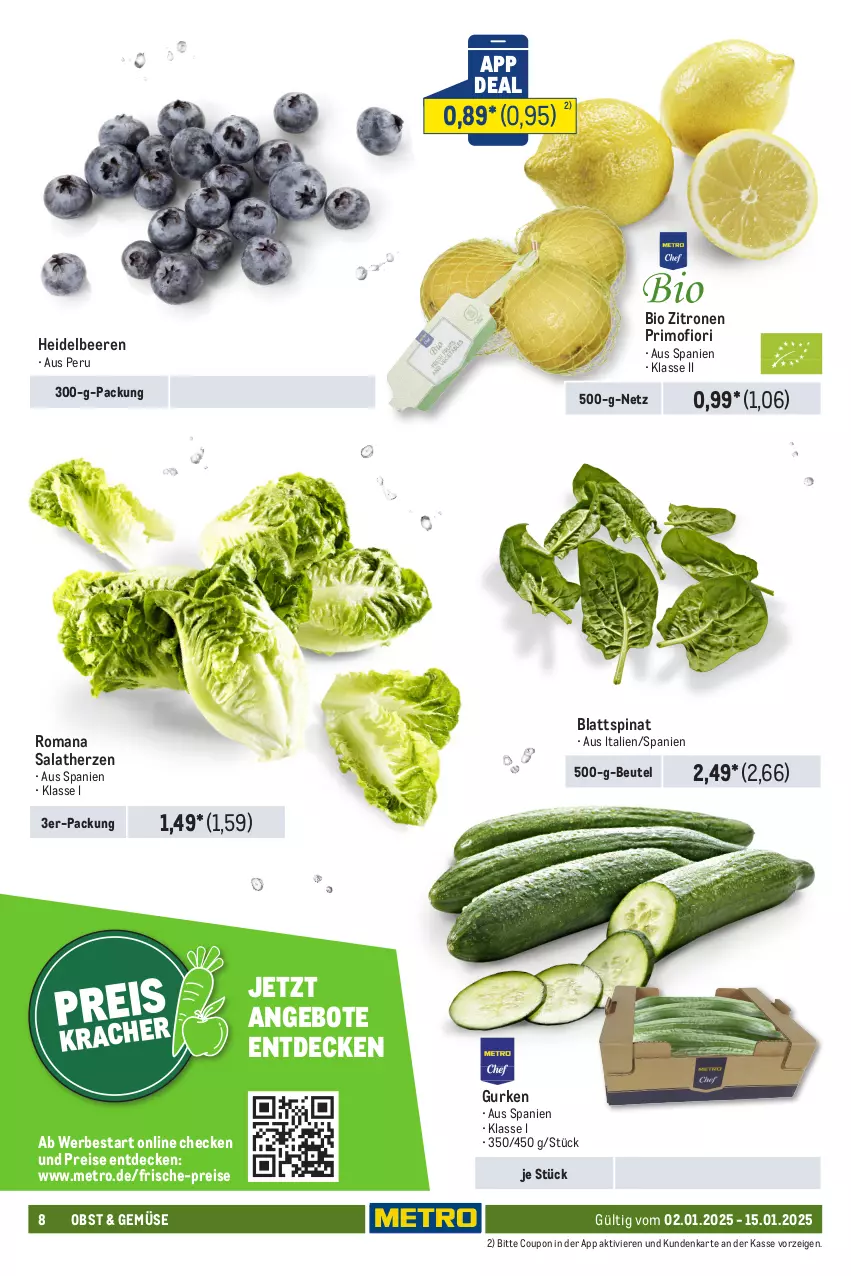 Aktueller Prospekt Metro - Food-Nonfood - von 02.01 bis 15.01.2025 - strona 8 - produkty: angebot, angebote, beere, beeren, beutel, bio, blattspinat, coupon, decke, eis, gurke, gurken, heidelbeere, heidelbeeren, Metro, obst, reis, salat, salatherzen, spinat, Ti, zitrone, zitronen