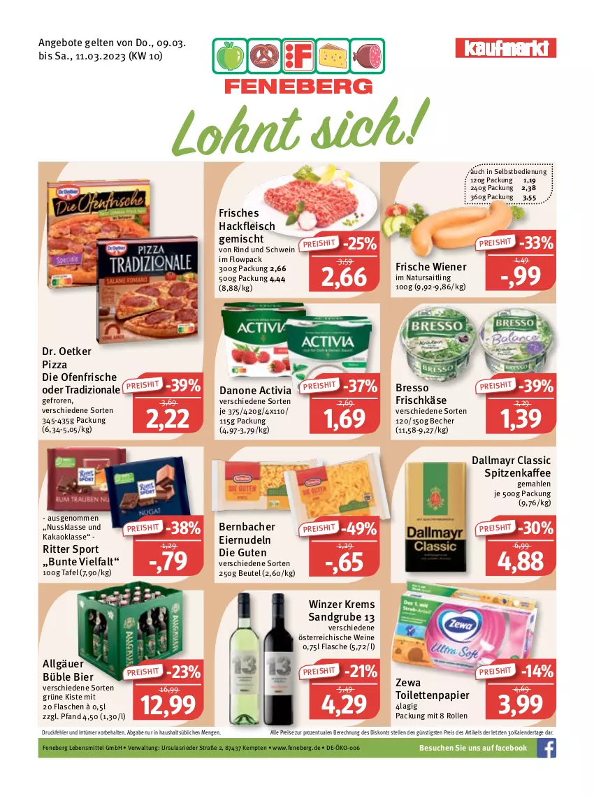 Aktueller Prospekt Feneberg - Prospekte - von 09.03 bis 11.03.2023 - strona 1 - produkty: activia, angebot, angebote, Becher, bernbacher, beutel, bier, bresso, dallmayr, danone, danone activia, die ofenfrische, Dr. Oetker, eier, eiernudeln, eis, elle, flasche, fleisch, frischkäse, hackfleisch, hackfleisch gemischt, kaffee, kakao, Käse, lebensmittel, LG, natur, nudel, nudeln, nuss, Ofen, papier, pizza, reis, rind, ritter, ritter sport, schwein, Sport, Ti, toilettenpapier, tradizionale, wein, weine, wiener, zewa, ZTE