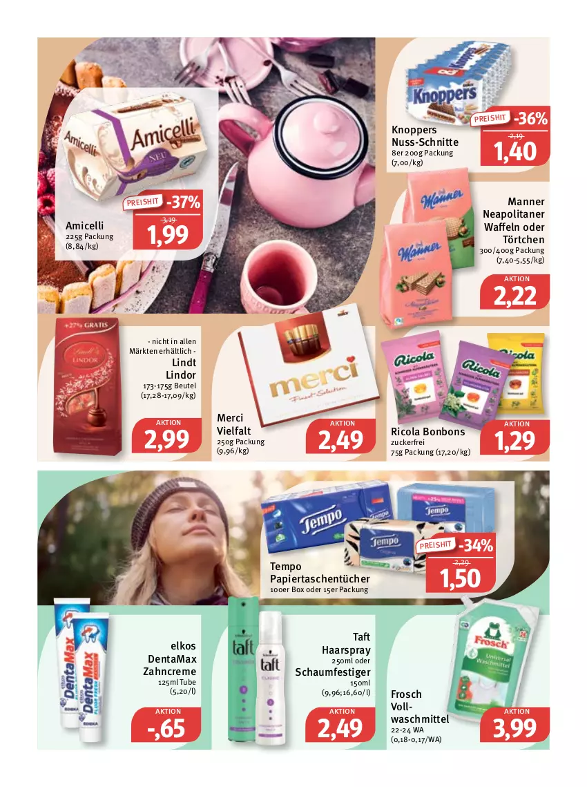 Aktueller Prospekt Feneberg - Prospekte - von 09.03 bis 11.03.2023 - strona 11 - produkty: amicelli, beutel, bonbons, cola, creme, eis, elkos, Frosch, haarspray, knoppers, lindor, lindt, Manner, merci, nuss, oder schaumfestiger, papier, reis, Ricola, schaumfestiger, Taft, Tasche, taschen, taschentücher, Tempo, Ti, Törtchen, tücher, vollwaschmittel, waffeln, waschmittel, zahncreme, zucker