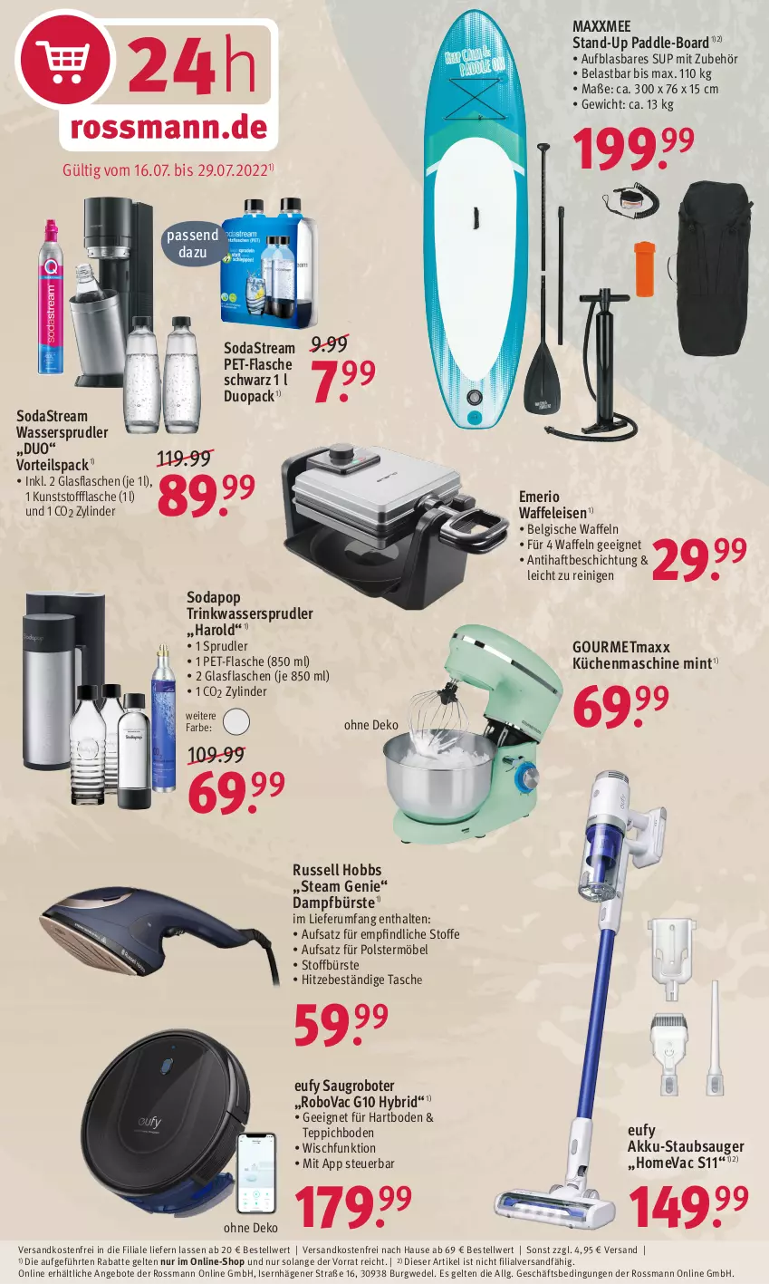 Aktueller Prospekt Rossmann - Prospekte - von 16.07 bis 29.07.2022 - strona 2 - produkty: akku, Akku-Staubsauger, angebot, angebote, bürste, eis, flasche, glasflasche, gourmetmaxx, küche, Küchen, küchenmaschine, LG, mint, möbel, ndk, pet-flasche, rum, russell hobbs, Saugroboter, Soda, sodastream, staubsauger, Tasche, teppich, teppichboden, Ti, versandkostenfrei, Waffeleisen, waffeln, wasser, wassersprudler, wedel