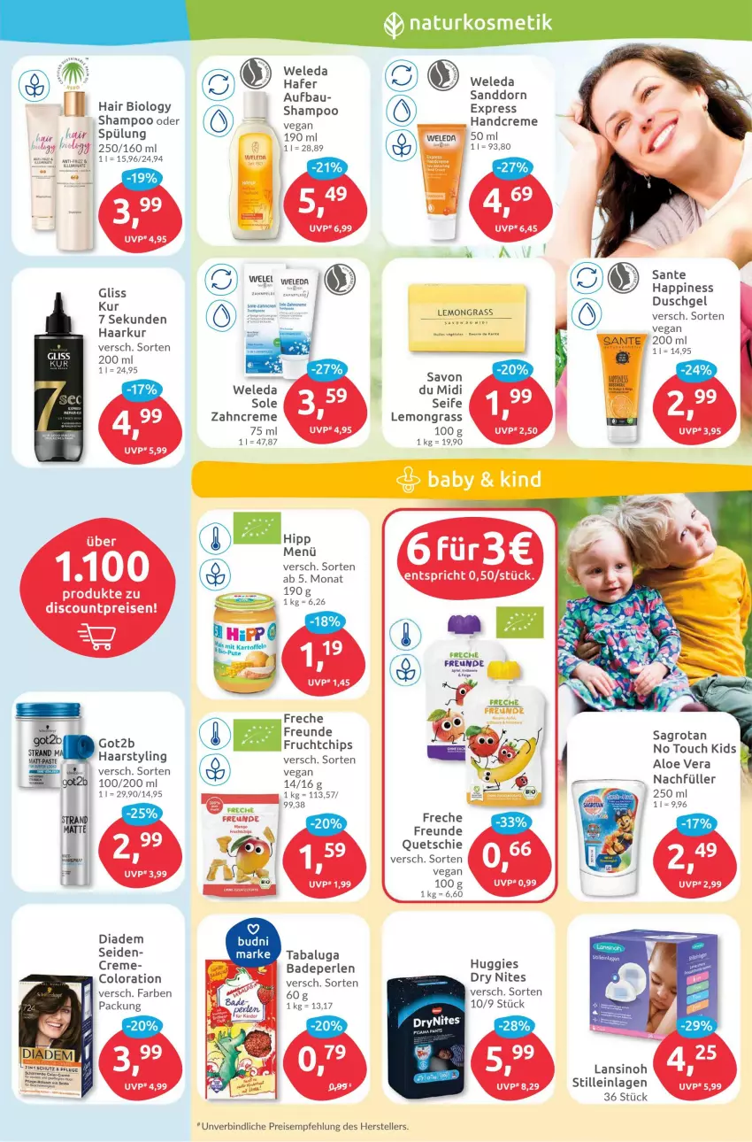 Aktueller Prospekt Budni - Prospekte - von 26.09 bis 01.10.2022 - strona 3 - produkty: aloe vera, Bad, Badeperlen, bio, chips, creme, diadem, discount, duschgel, eis, elle, freche freunde, frucht, got2b, handcreme, Huggies, mango, perlen, reis, sagrotan, sanddorn, SANTE, Seife, shampoo, spülung, tee, teller, Ti, weleda, Yo, zahncreme