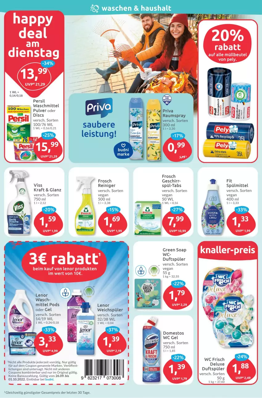 Aktueller Prospekt Budni - Prospekte - von 26.09 bis 01.10.2022 - strona 4 - produkty: Bad, coupon, coupons, domestos, dusche, eis, fisch, fische, Frosch, geschirr, gin, kraft, lenor, persil, Pods, reiniger, reis, spülmittel, Ti, waschmittel, wc frisch, weichspüler, ZTE