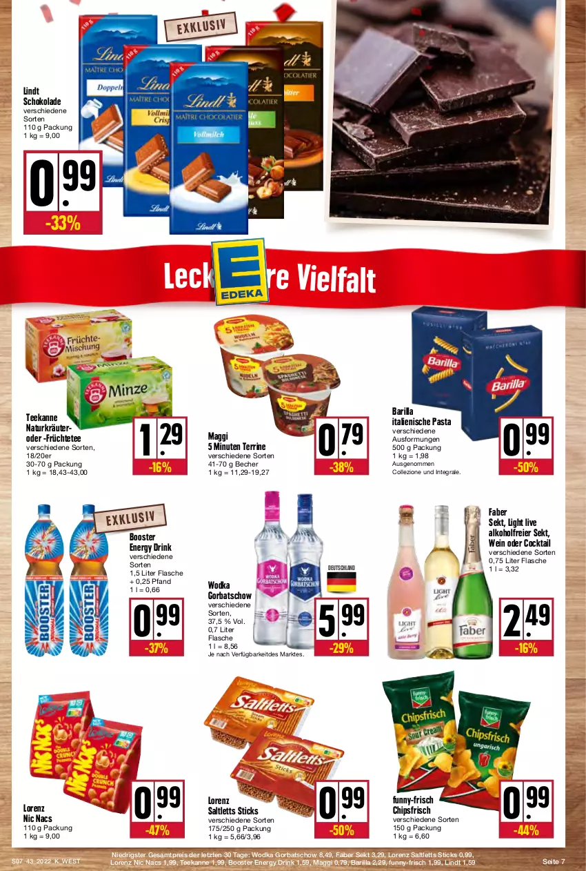 Aktueller Prospekt Kupsch - Angebote der Woche - von 24.10 bis 29.10.2022 - strona 7 - produkty: alkohol, barilla, Becher, chips, chipsfrisch, cocktail, drink, eier, eis, energy drink, flasche, früchte, Früchtetee, funny-frisch, Gorbatschow, italienische pasta, kräuter, lindt, lorenz, maggi, natur, pasta, reis, saltletts, schoko, schokolade, sekt, tee, teekanne, terrine, Ti, wein, wodka, ZTE