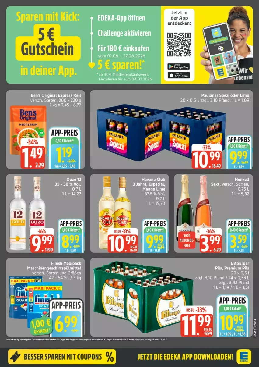 Aktueller Prospekt Edeka - Prospekte - von 01.06 bis 06.06.2026 - strona 3 - produkty: Ben’s Original, bitburger, bitburger pils, burger, coupon, coupons, deka, eis, Finish, geschirr, geschirrspülmittel, gin, Havana Club, limo, mango, ouzo, ouzo 12, Paula, paulaner, pils, premium pils, reis, Spezi, spülmittel, Ti, ZTE