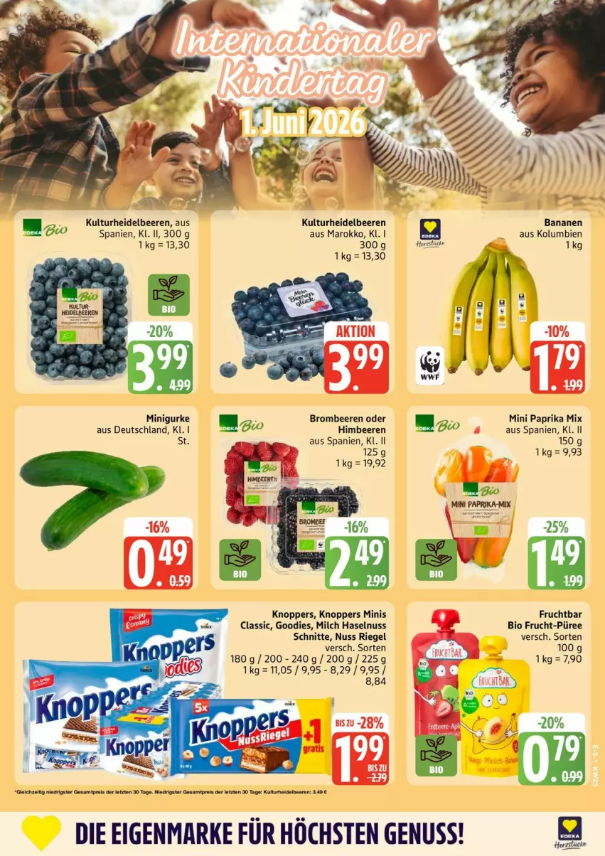 Aktueller Prospekt Edeka - Prospekte - von 01.06 bis 06.06.2026 - strona 6 - produkty: banane, bananen, beere, beeren, bio, brombeere, brombeeren, frucht, gurke, haselnuss, heidelbeere, heidelbeeren, himbeer, himbeere, himbeeren, knoppers, milch, nuss, paprika, paprika mix, püree, riegel