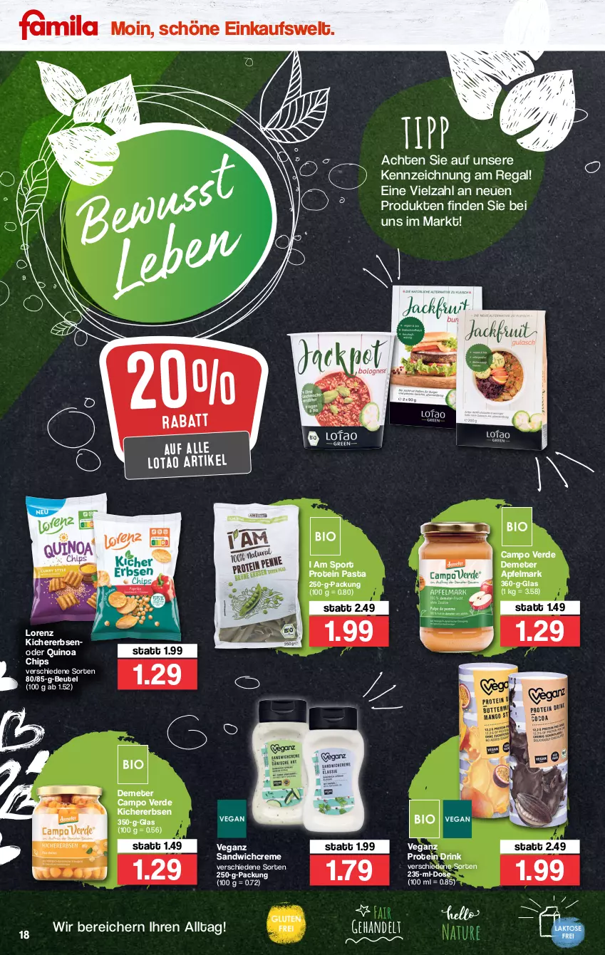 Aktueller Prospekt Famila - Prospekte - von 03.01 bis 08.01.2022 - strona 18 - produkty: apfel, beutel, Campo Verde, chips, creme, drink, erbsen, erde, kichererbsen, lorenz, natur, pasta, quinoa, regal, sandwich, Sport, Ti