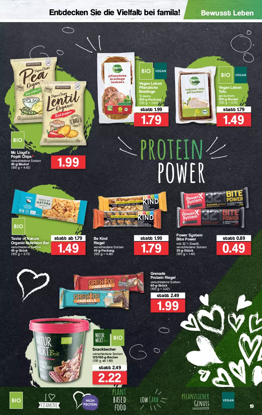 Aktueller Prospekt Famila - Prospekte - von 03.01 bis 08.01.2022 - strona 19 - produkty: Becher, beutel, chips, decke, natur, nuss, riegel, snack, Ti, Tofu, vita, Vitamine