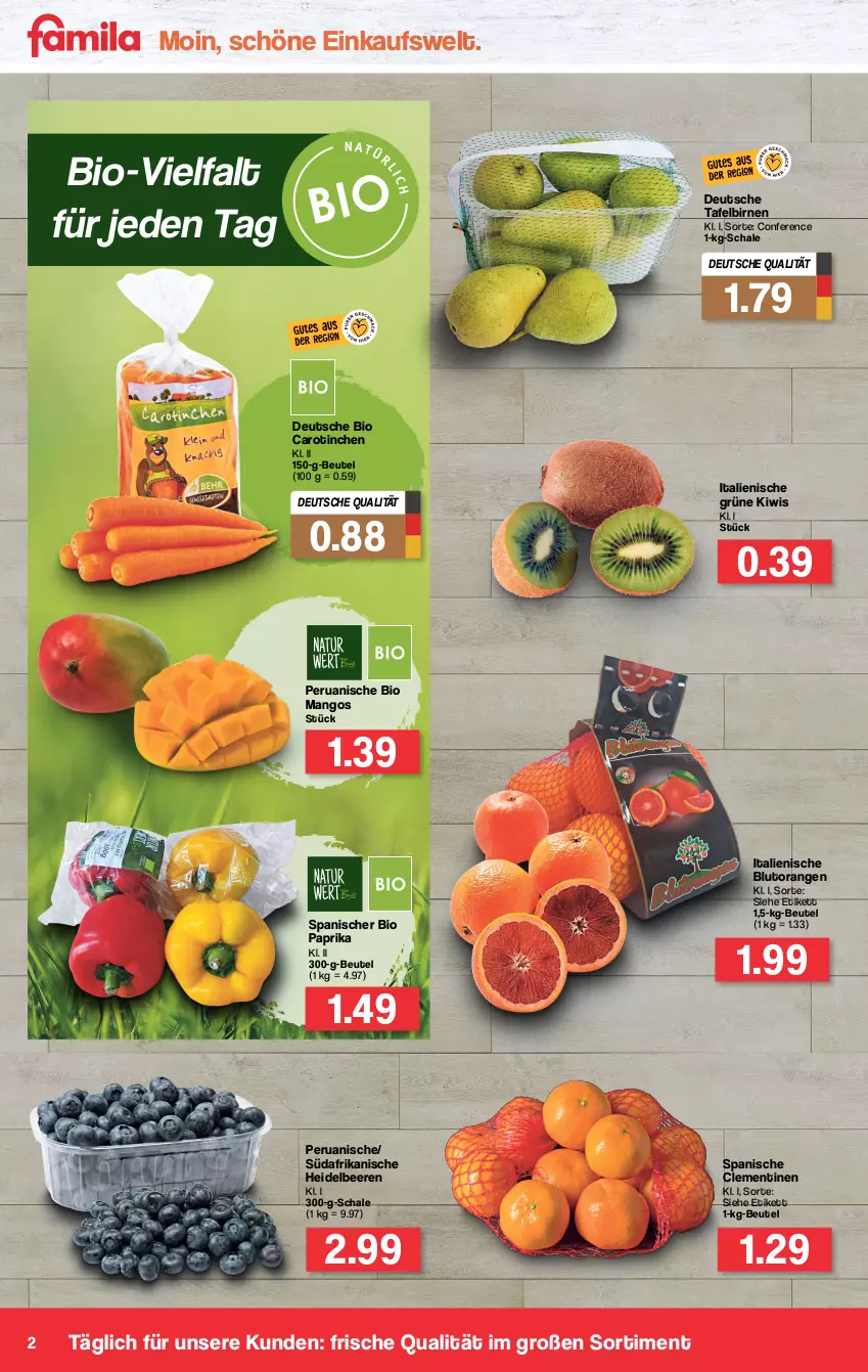 Aktueller Prospekt Famila - Prospekte - von 03.01 bis 08.01.2022 - strona 2 - produkty: beere, beeren, beutel, bio, Birnen, Blutorange, clementinen, heidelbeere, heidelbeeren, kiwi, mango, mangos, orange, orangen, paprika, Schal, Schale, tafelbirnen, Ti