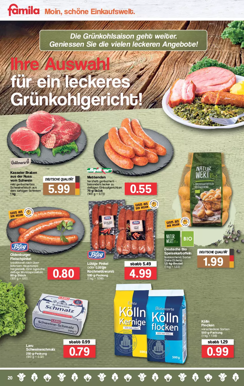 Aktueller Prospekt Famila - Prospekte - von 03.01 bis 08.01.2022 - strona 20 - produkty: angebot, angebote, beutel, bio, braten, burger, eintopf, eis, fleisch, HP, kartoffel, kartoffeln, kasseler, kölln, LG, malz, Mett, metten, Mettenden, mettwurst, nuss, rezept, saft, schinken, Schmalz, schwein, schweine, schweinefleisch, speisekartoffeln, Spezi, Ti, topf, wein, weine, wurst