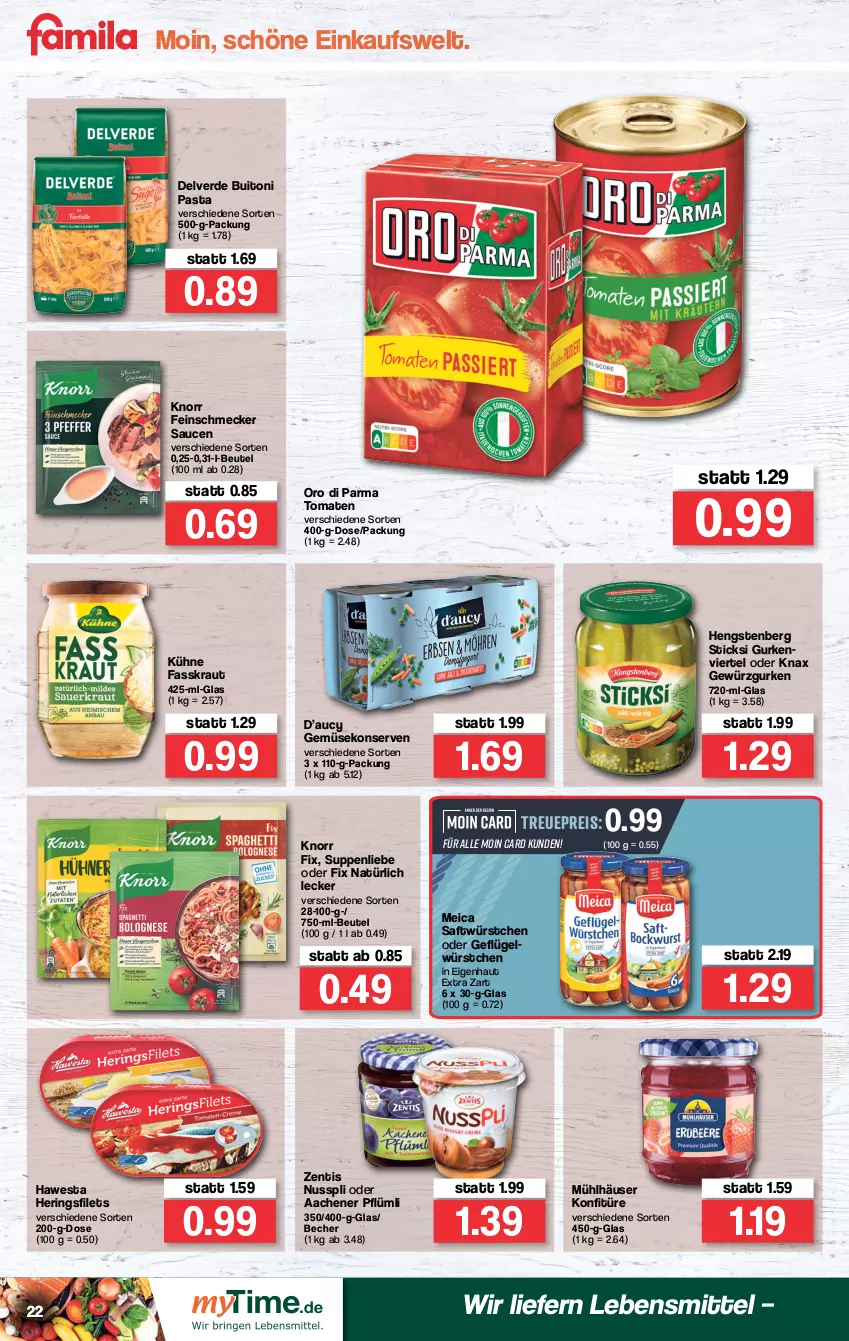 Aktueller Prospekt Famila - Prospekte - von 03.01 bis 08.01.2022 - strona 22 - produkty: Becher, beutel, buitoni, buitoni pasta, eis, erde, feinschmecker, filet, filets, Geflügel, Gemüsekonserve, gewürz, Gewürzgurke, gewürzgurken, gurke, gurken, hawesta, hengstenberg, hering, Herings, heringsfilets, knorr, knorr fix, konfitüre, Konserven, Kraut, Kühne, lebensmittel, meica, mühlhäuser, nuss, nusspli, oro di parma, pasta, reis, ring, saft, sauce, saucen, suppe, suppen, suppenliebe, Ti, tomate, tomaten, würstchen, zentis