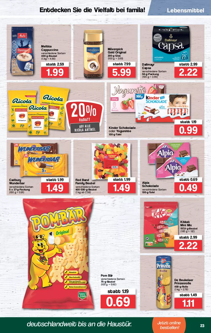 Aktueller Prospekt Famila - Prospekte - von 03.01 bis 08.01.2022 - strona 23 - produkty: alpia, aust, beutel, Cap, cappuccino, cin, cola, dallmayr, dallmayr capsa, de beukelaer, decke, elle, gin, Kinder, kinder schokolade, kitkat, lebensmittel, melitta, mövenpick, oder yogurette, prinzenrolle, Ricola, schoko, schokolade, Ti, Yo, yogurette