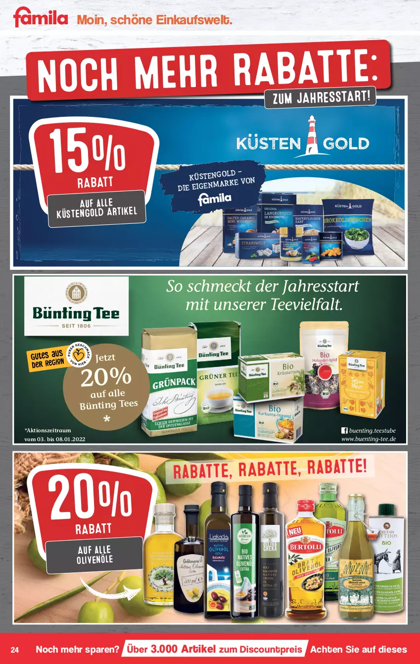 Aktueller Prospekt Famila - Prospekte - von 03.01 bis 08.01.2022 - strona 24 - produkty: bünting tee, discount, eis, küstengold, olive, oliven, olivenöl, reis, tee, Ti