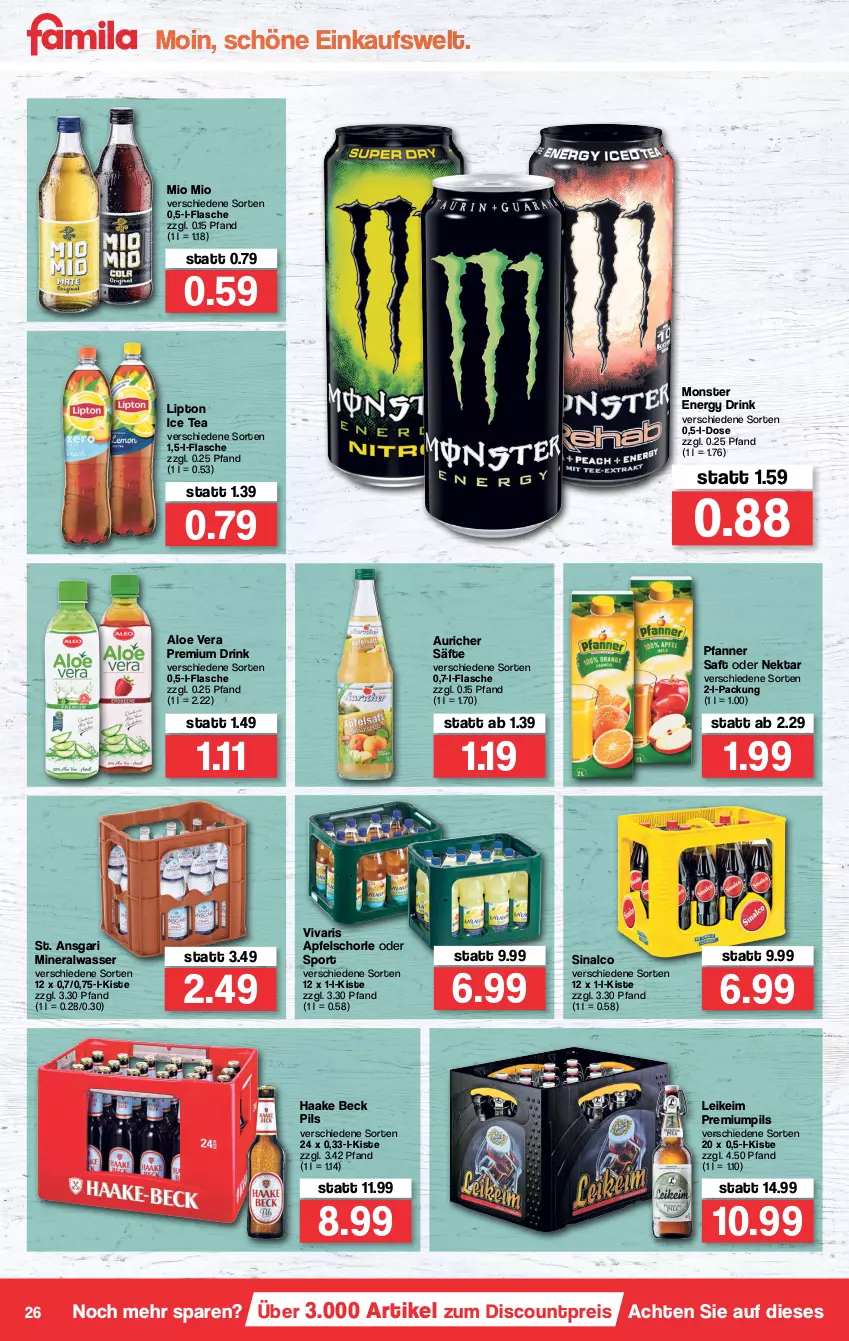 Aktueller Prospekt Famila - Prospekte - von 03.01 bis 08.01.2022 - strona 26 - produkty: aloe vera, Alwa, apfel, Apfelschorle, discount, drink, eis, energy drink, flasche, ice tea, lipton, lipton ice tea, mineralwasser, Mio Mio, monster, Monster Energy, Nektar, pfanne, Pfanner, pils, reis, saft, säfte, schorle, sinalco, Sport, Ti, Vivaris, wasser