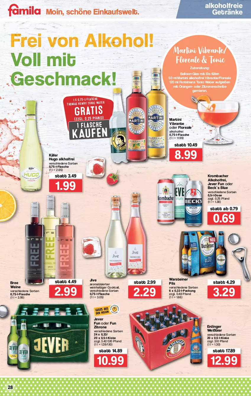 Aktueller Prospekt Famila - Prospekte - von 03.01 bis 08.01.2022 - strona 28 - produkty: alkohol, alkoholfreie getränke, ball, bier, bree, cocktail, eis, erdinger, flasche, garnier, getränk, getränke, hugo, jever, käfer, krombache, krombacher, loreal, mac, martini, orange, orangen, pils, steiner, thomas henry, Ti, tonic, tonic water, warsteiner, wein, weine, zitrone, zitronen