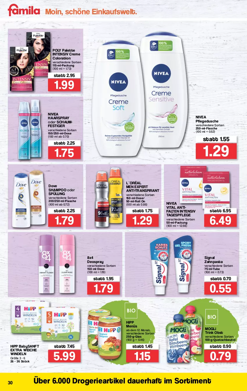 Aktueller Prospekt Famila - Prospekte - von 03.01 bis 08.01.2022 - strona 30 - produkty: auer, beutel, creme, deo, deospray, dove, dusche, flasche, haarspray, hipp, L´Oréal, nivea, obst, oder schaumfestiger, Palette, pasta, pflegedusche, quetschbeutel, schaumfestiger, shampoo, shampoo oder spülung, Signal, spülung, Tagespflege, Ti, vita, windeln, zahnpasta