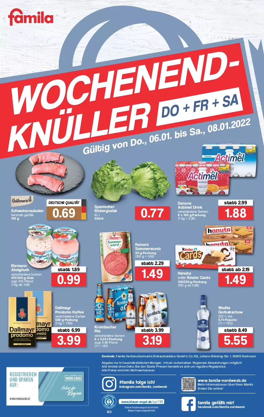 Aktueller Prospekt Famila - Prospekte - von 03.01 bis 08.01.2022 - strona 40 - produkty: actimel, actimel drink, almighur, almighurt, auer, dallmayr, dallmayr prodomo, danone, danone actimel drink, drink, drucker, ehrmann, ehrmann almighurt, eis, eisbergsalat, Engel, flasche, Gorbatschow, hanuta, kaffee, kerze, Kinder, krombache, krombacher, krombacher pils, LG, nero, pils, prodomo, Rauch, regal, reinert, reis, rouladen, rwe, salat, schwein, schweine, Schweineroulade, Ti, wein, weine, wodka, wurst