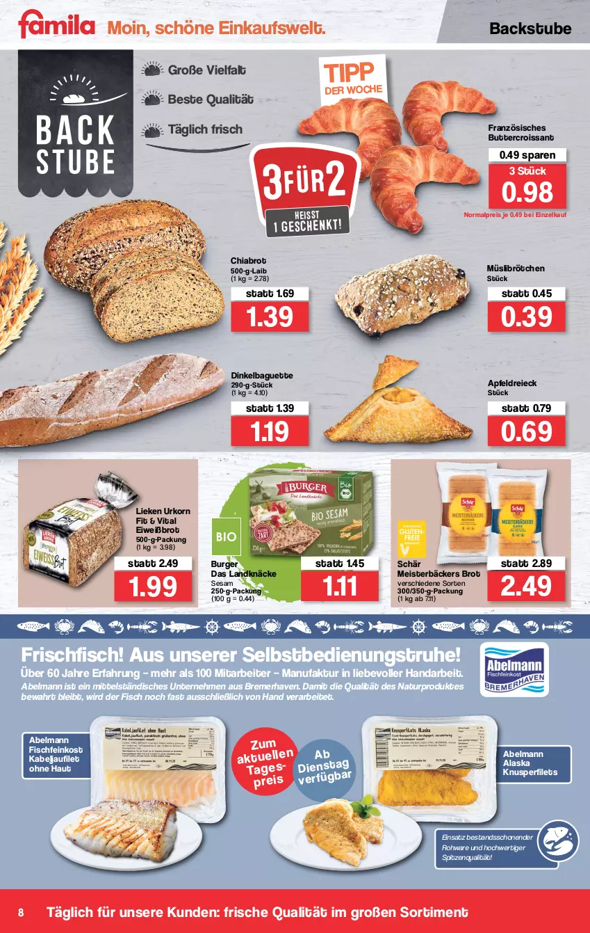 Aktueller Prospekt Famila - Prospekte - von 03.01 bis 08.01.2022 - strona 8 - produkty: apfel, baguette, brot, brötchen, burger, butter, chia, Croissant, eis, Eiweißbrot, Faktu, feinkost, filet, filets, fisch, Fischfeinkost, frischfisch, kabeljaufilet, korn, lieken, Meister, müsli, natur, ndk, reis, sesam, spitzenqualität, stube, Ti, urkorn, vita