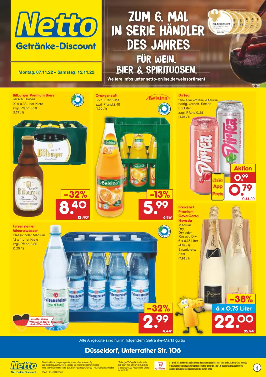 Aktueller Prospekt Netto Marken-Discount - Getränkemarkt in deiner Nähe - von 15.03.2021 bis 12.11.2022 - strona 1 - produkty: Alwa, angebot, angebote, bestpreis, bier, Biere, bitburger, burger, Cava, discount, eis, freixenet, getränk, getränke, Holz, LG, marken-discount, mineralwasser, Mineralwasser Classic, ndk, orange, orangen, orangensaft, reis, saft, spirituosen, steiner, Ti, wasser, wein, ZTE