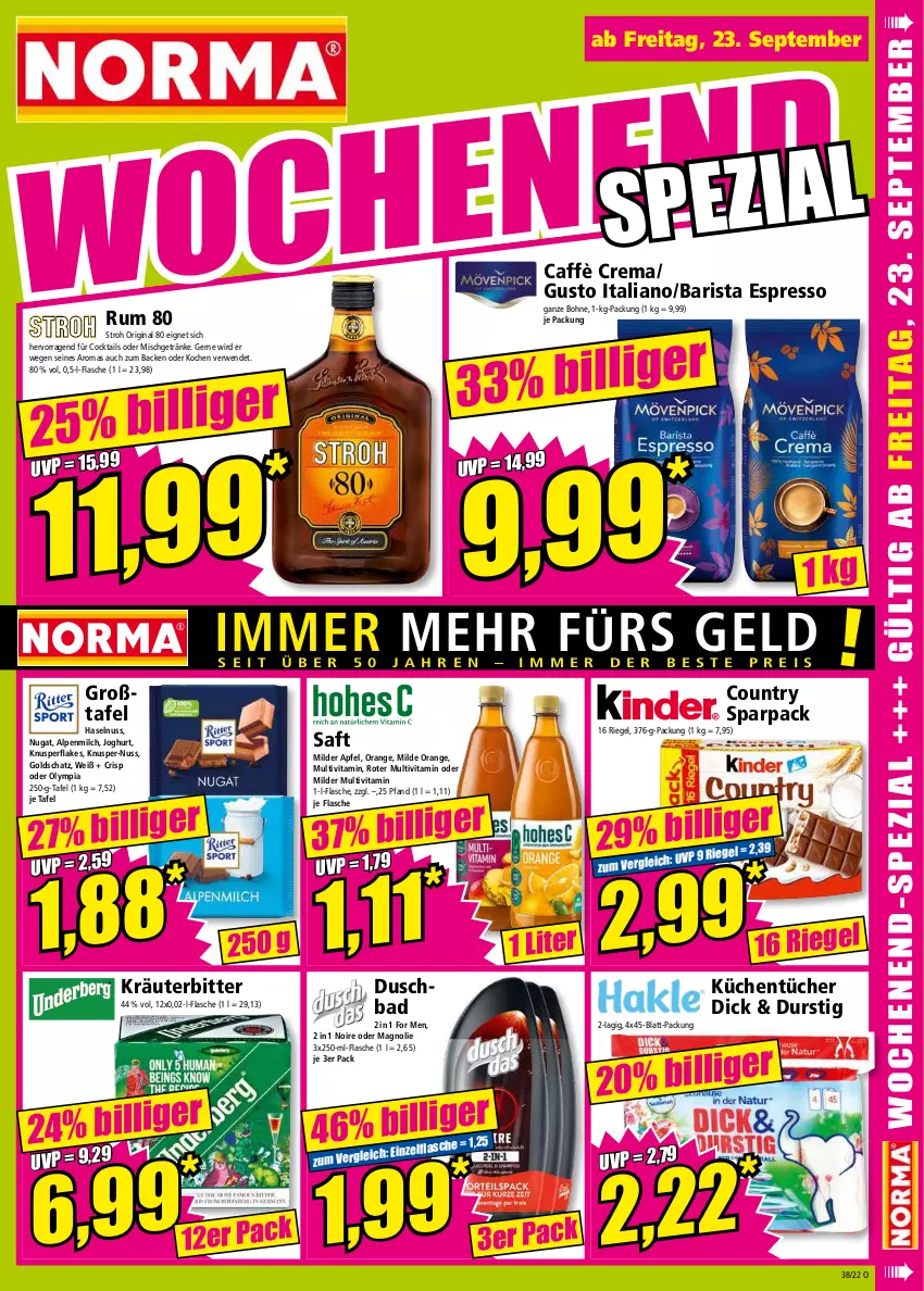 Aktueller Prospekt Norma - Norma - von 19.09 bis 26.09.2022 - strona 13 - produkty: alpenmilch, apfel, Bad, bohne, caffè crema, cocktail, cocktails, duschbad, espresso, flakes, flasche, getränk, getränke, gin, haselnuss, joghur, joghurt, kräuter, küche, Küchen, küchentücher, milch, nuss, orange, riegel, rum, rwe, saft, Ti, tücher, vita