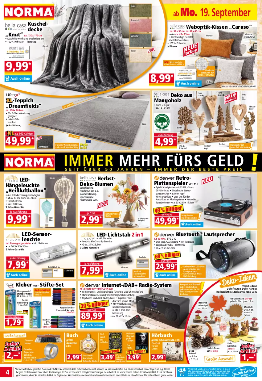 Aktueller Prospekt Norma - Norma - von 19.09 bis 26.09.2022 - strona 4 - produkty: akku, auto, ball, batterie, batterien, Bau, Bebe, beleuchtung, blume, blumen, buch, decke, Dekofigur, dekoration, dell, eis, elle, fernbedienung, gin, Hängeleuchte, Holz, hörnchen, kissen, kleber, kopfhörer, kraft, küche, Kugel, kugelschreiber, latte, lautsprecher, led-licht, Leuchte, Luftballon, mango, Mode, natur, ndk, Radio, reis, rosen, rwe, Schal, sonnenblume, Spezi, Spiele, stifte, tablet, tablett, teppich, Ti, timer, usb, weck, windlicht