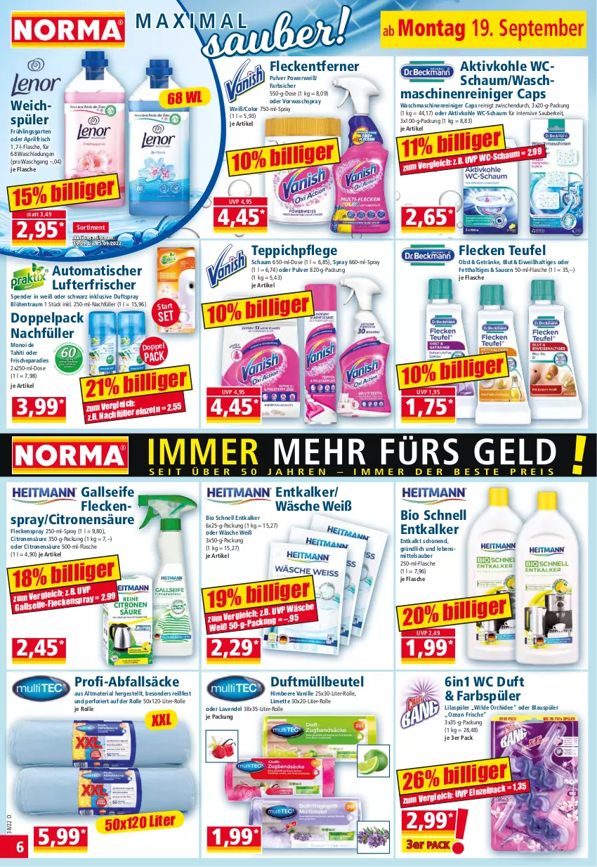 Aktueller Prospekt Norma - Norma - von 19.09 bis 26.09.2022 - strona 6 - produkty: auto, beere, beutel, bio, Blüte, Cap, Duftspray, entkalker, flasche, fleckentferner, Garten, getränk, getränke, himbeer, himbeere, HP, lavendel, lebensmittel, limette, lufterfrischer, maschinenreiniger, Mett, müllbeutel, obst, orchidee, pril, reiniger, Ria, rwe, sauce, saucen, Seife, teppich, Ti, tisch, vanille, waschmaschine, waschmaschinen, weichspüler, Wild